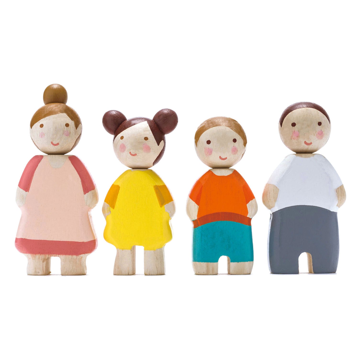 Set of four wooden toy figures in colorful outfits on a white background