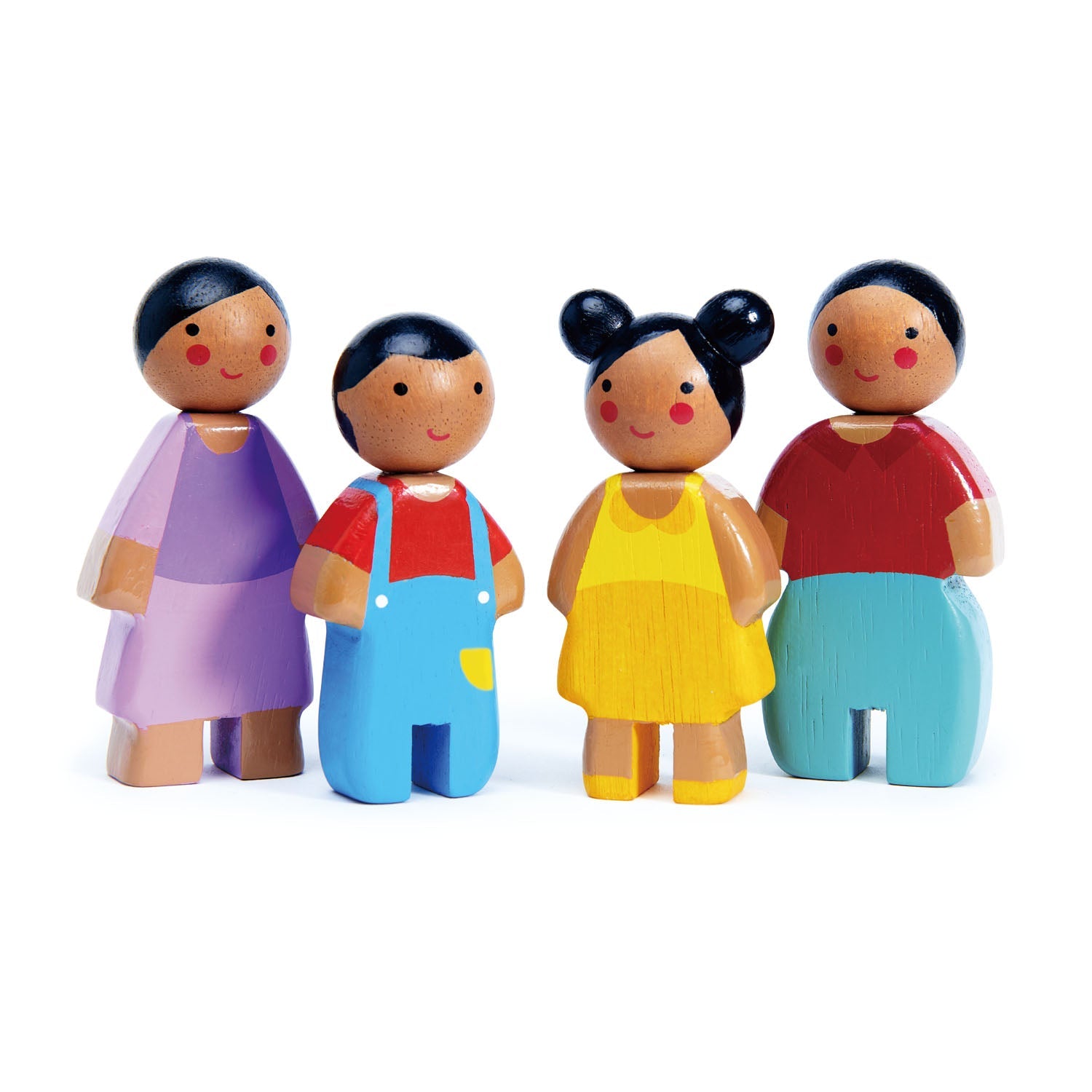 Set of colorful wooden toy figures on a white background