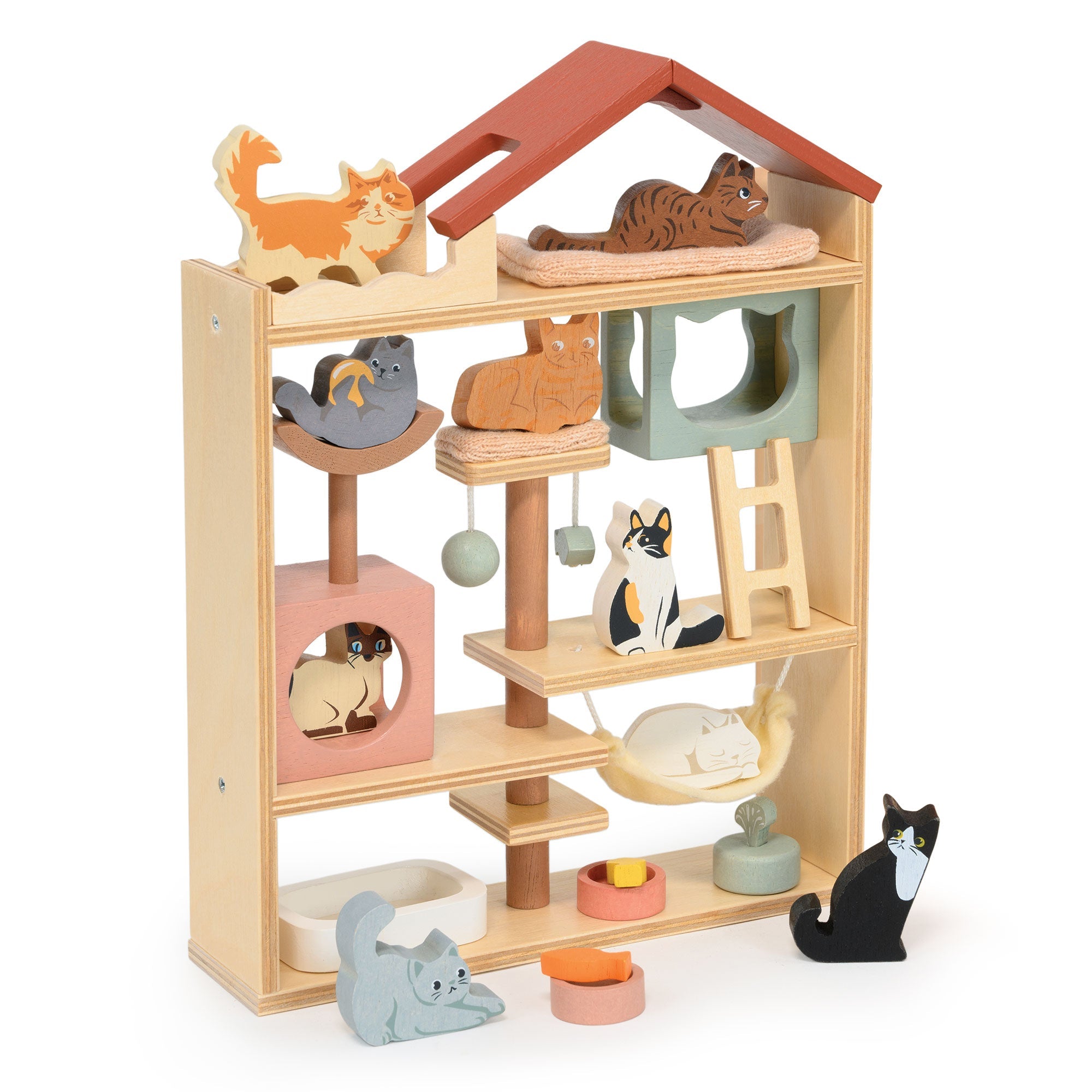 Wooden pet playhouse with shelves and small animal figures on a white background