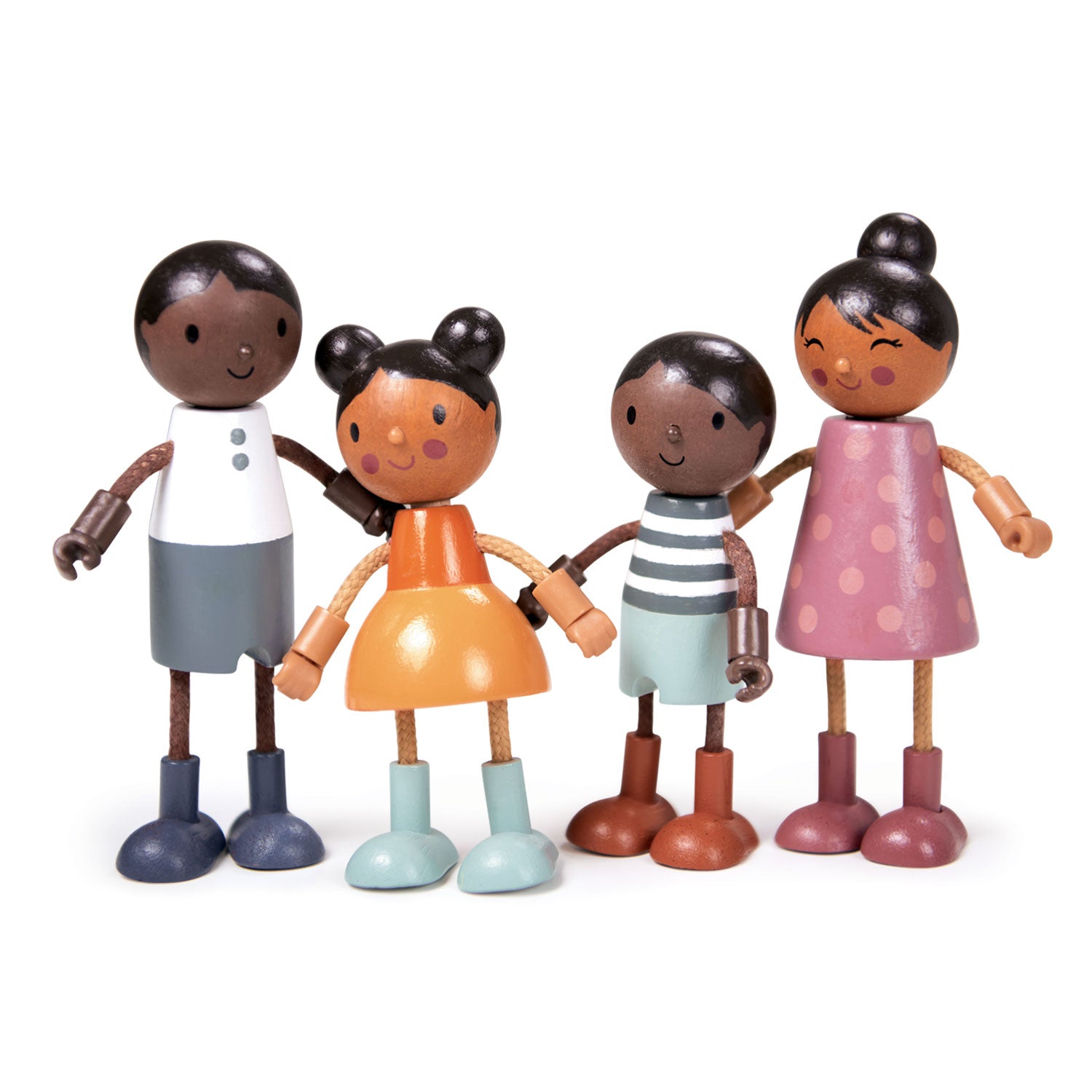 Set of four wooden dolls with different hairstyles and clothing on a white background