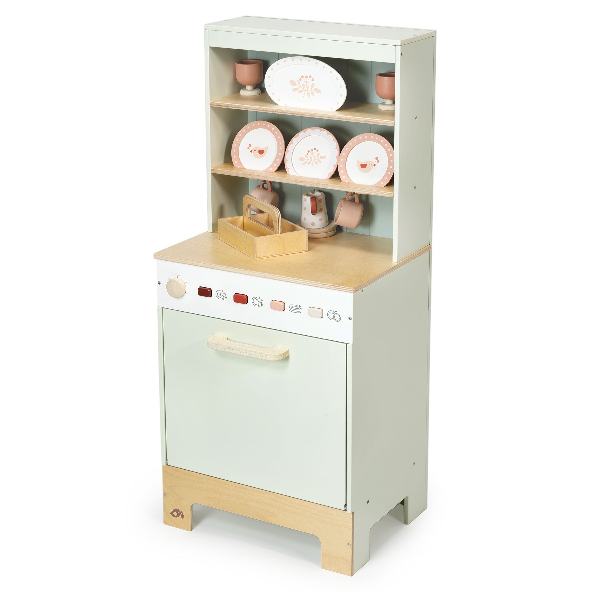 Children's play kitchen with shelves and toy cookware on a white background
