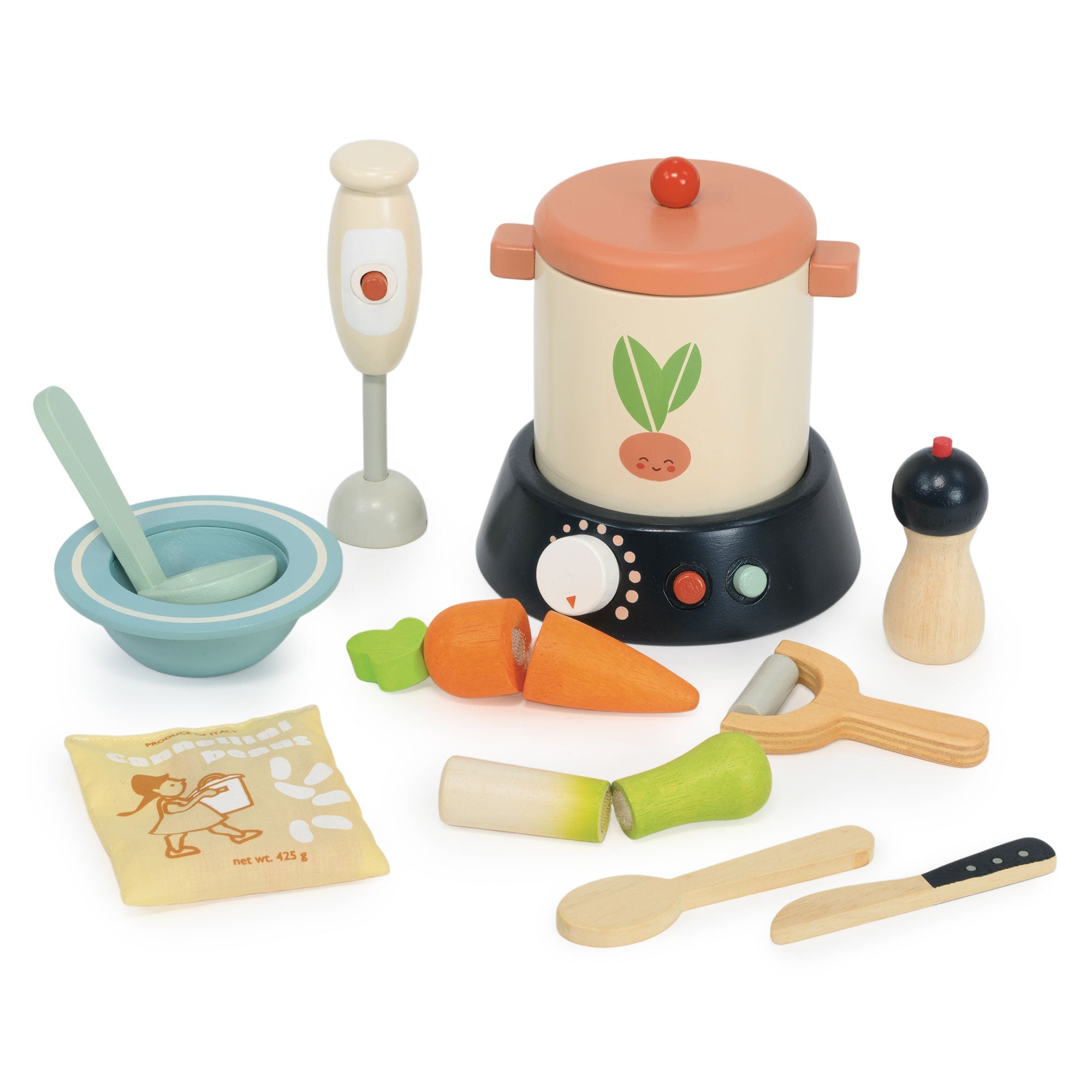 Wooden toy kitchen set with cooking pot, utensils, and vegetables on a white background
