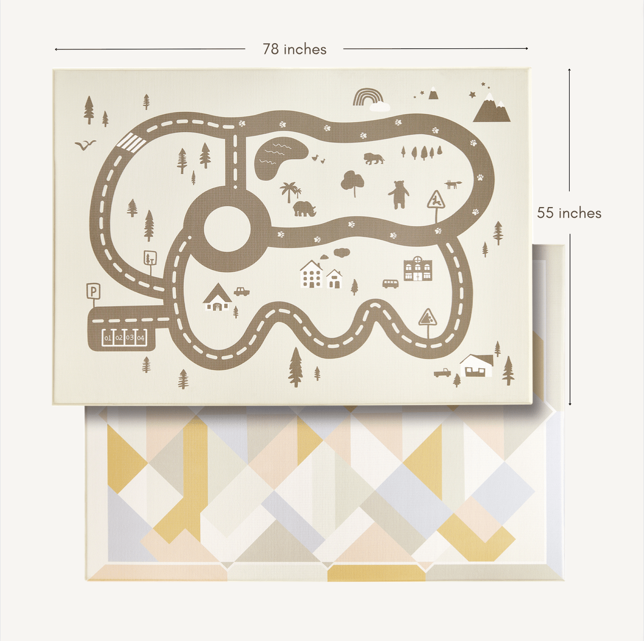 Play mat with road design and geometric pattern, showing dimensions.