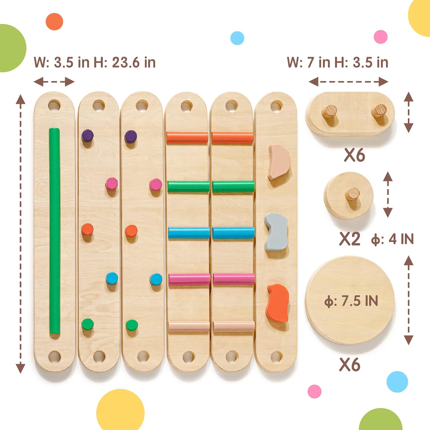 Wooden building blocks with colorful attachments and measurements on a white background