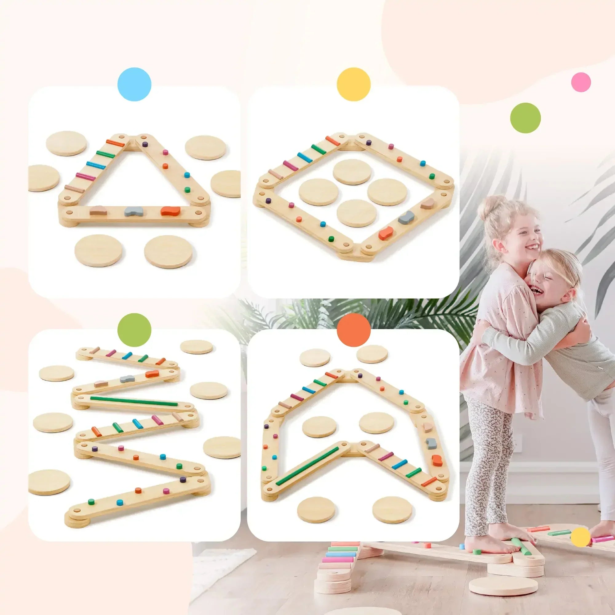 Wooden shape building toys with colorful sticks and a photo of two children playing.