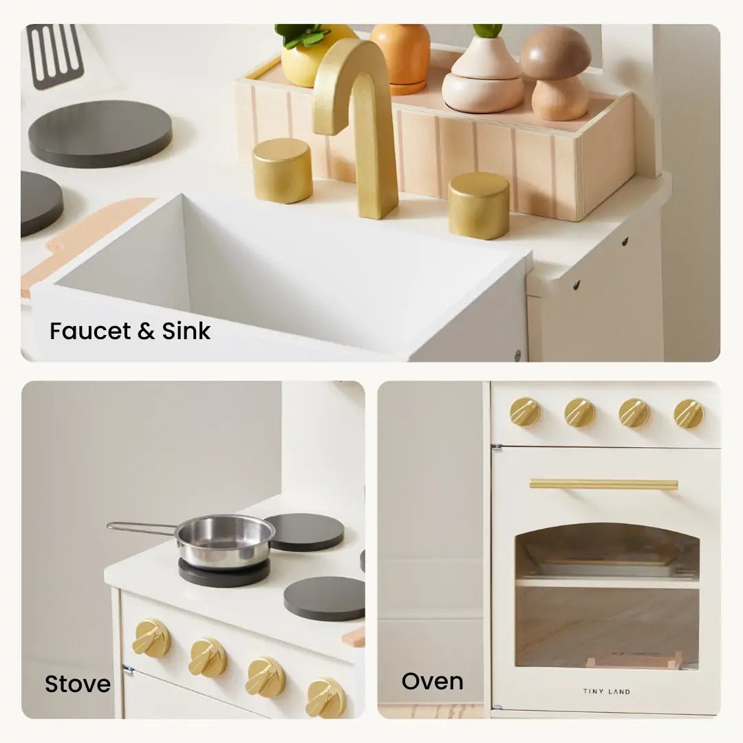 Collage of wooden kitchen playset components including faucet, sink, stove, and oven.