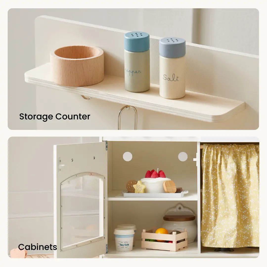 Storage counter with a wooden bowl and labeled salt and pepper shakers, followed by open cabinets with kitchen items.