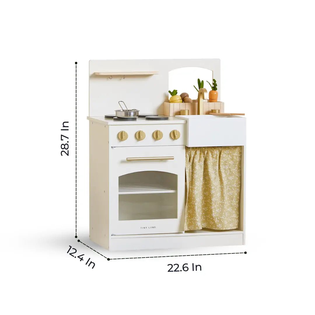 Children's play kitchen set with measurements on a white background