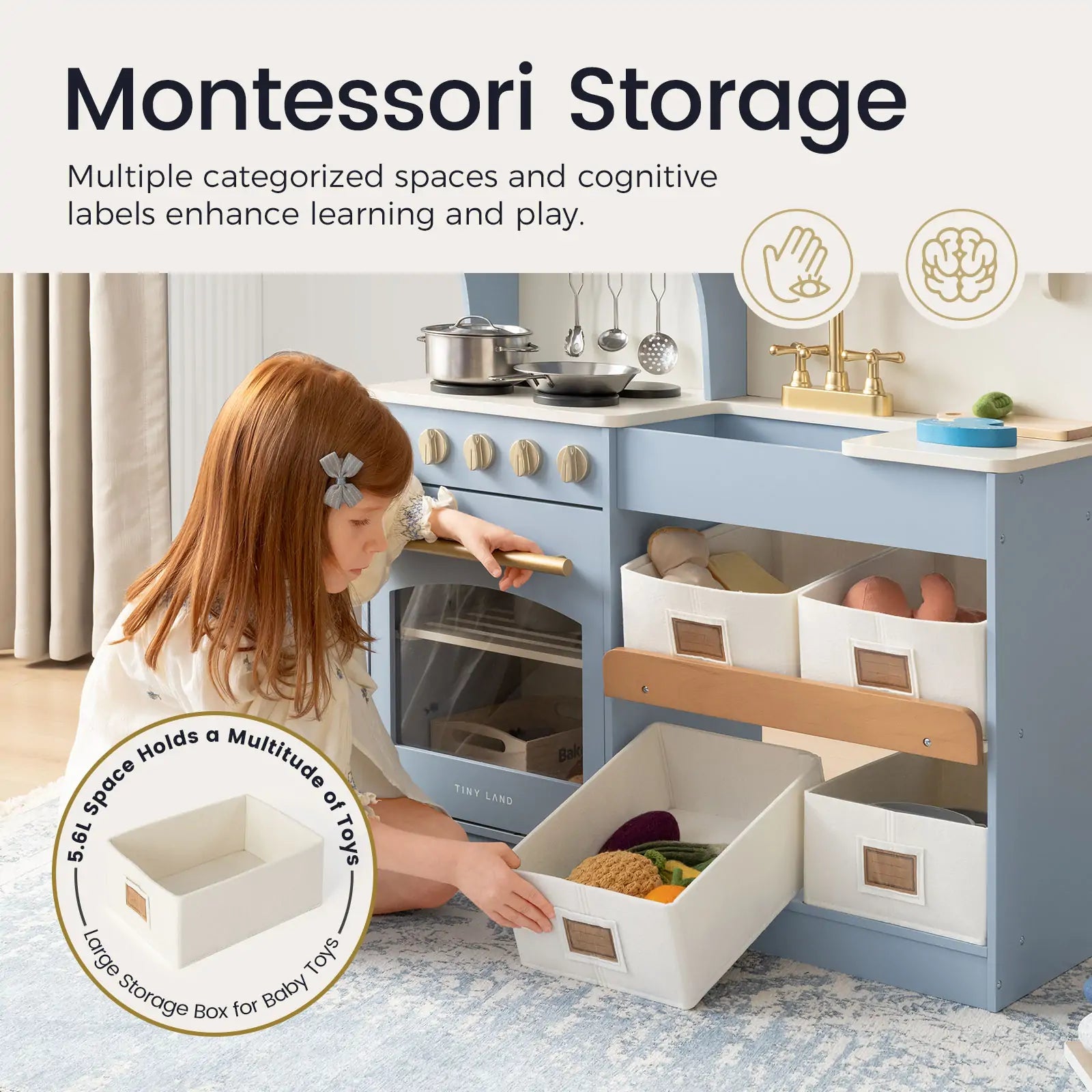Child playing with a toy kitchen set featuring Montessori storage boxes.