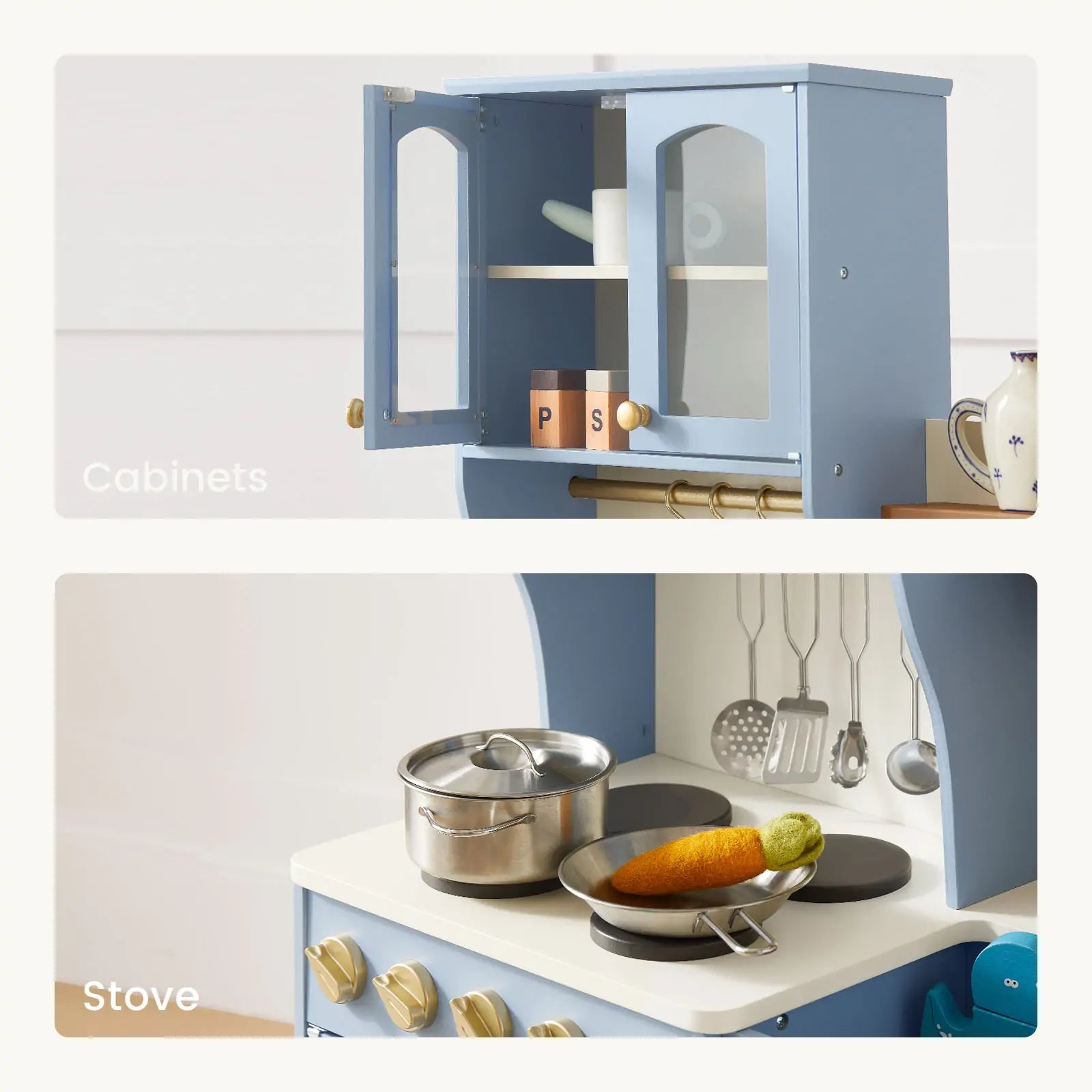 Blue kitchen cabinet and stove with cooking utensils and ingredients on a white background