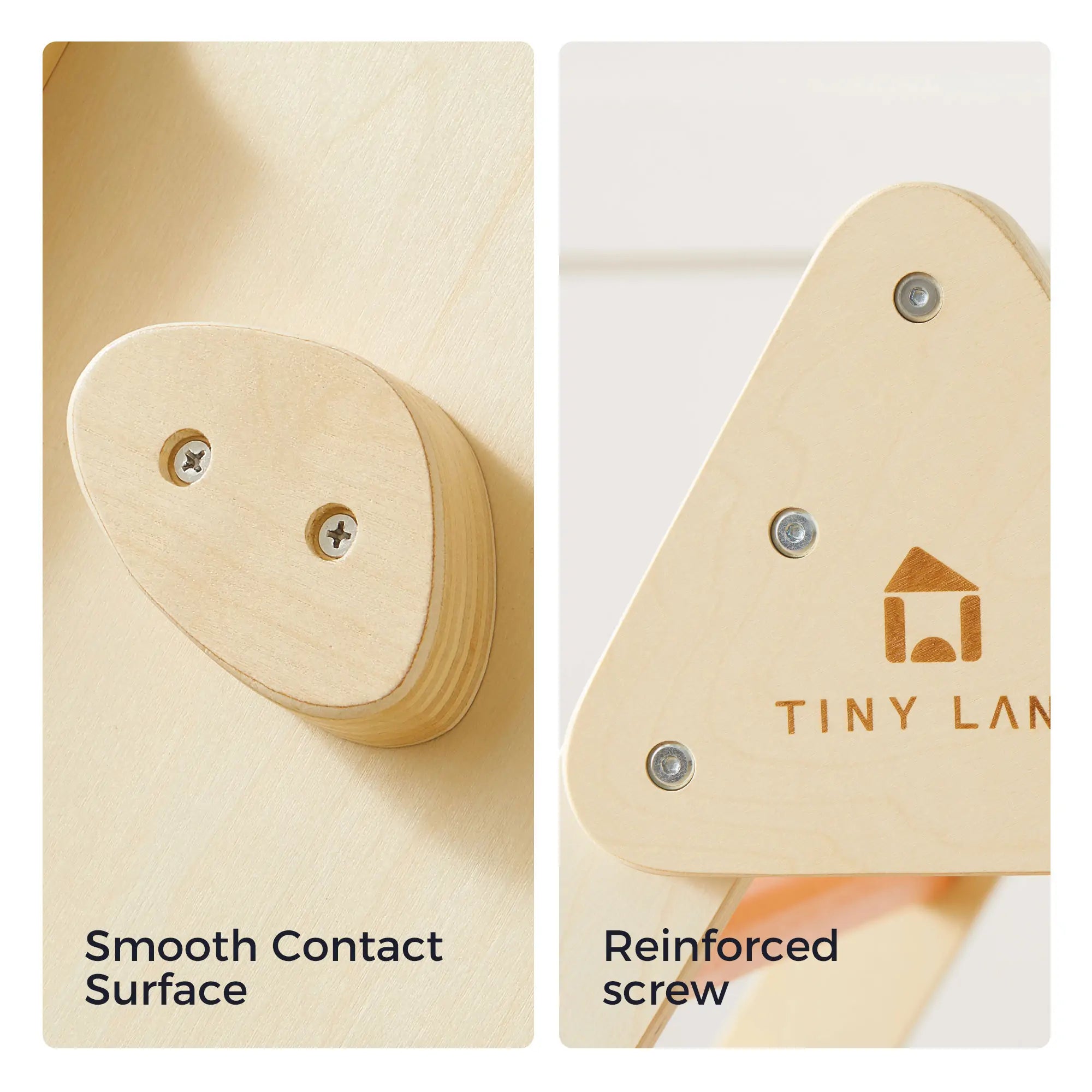 Wooden product with smooth contact surface and reinforced screw, featuring the Tiny Land brand.