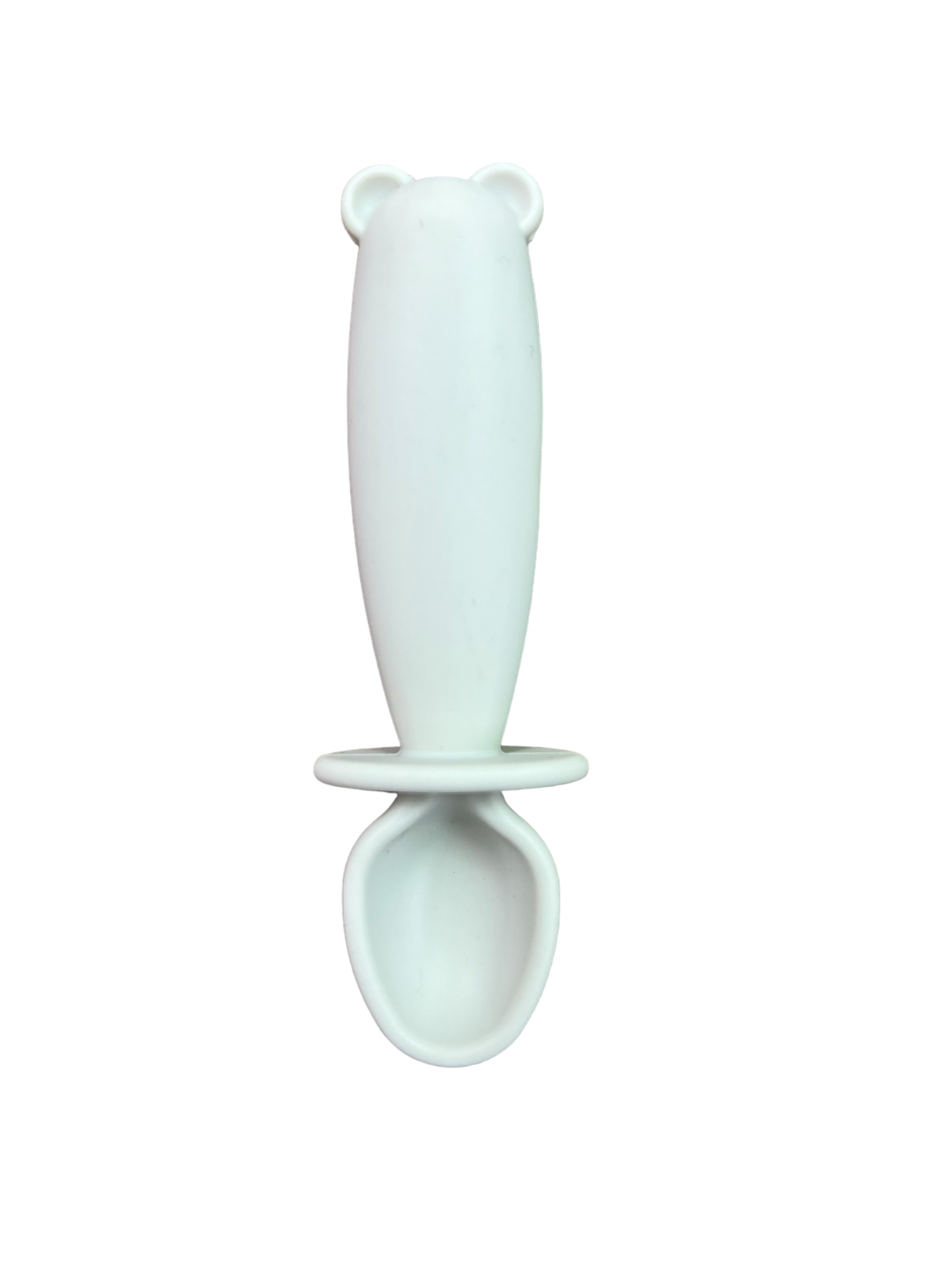 White silicone spoon with bear-shaped handle on a white background