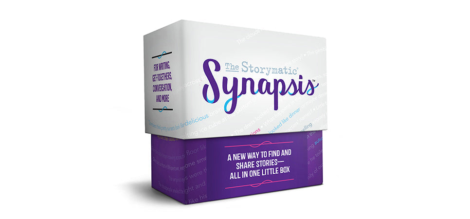 A boxed product labeled 'The Storymatic Synapsis' shown on a plain white background. The box is mostly white on top with purple side panels and a purple bottom band containing white text.