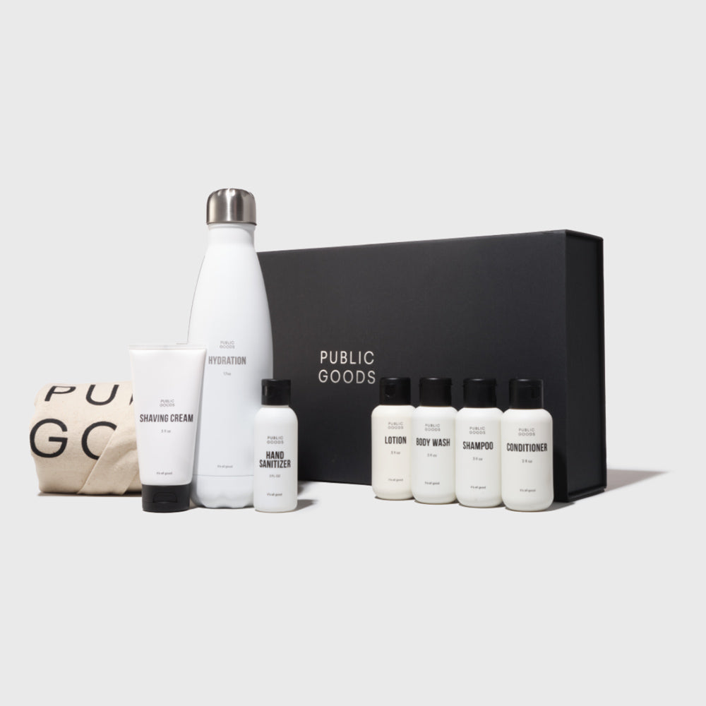 Collection of skincare and grooming products with 'Public Goods' branding on a white background