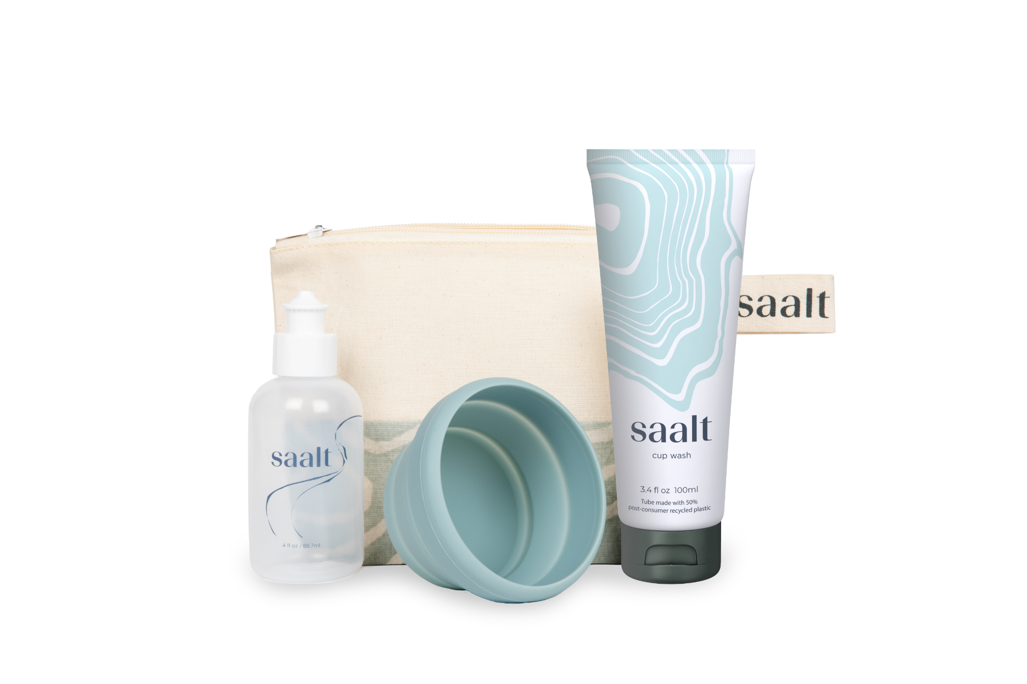 Set of saalt products including a bottle, cup, and tube on a white background