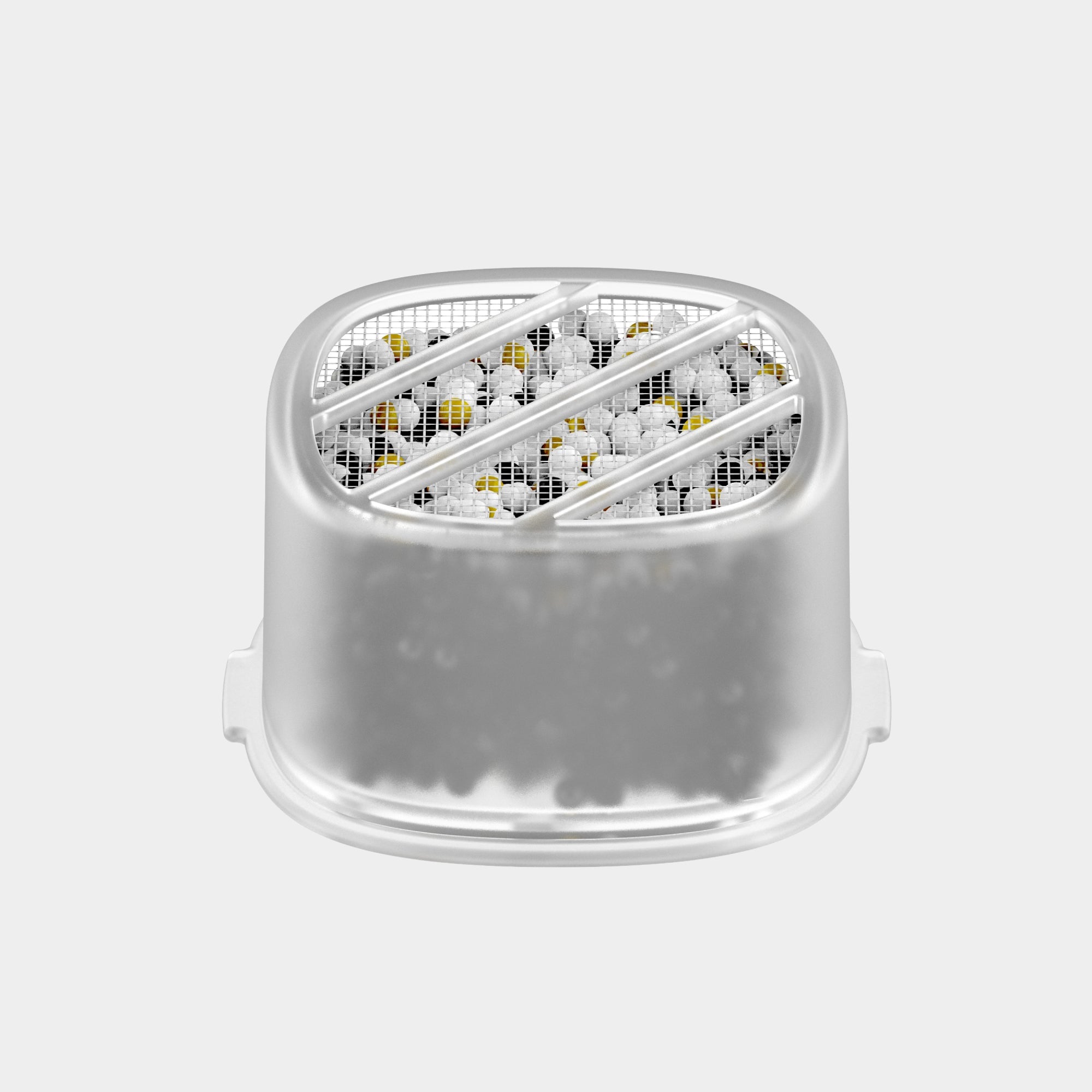 White air pod with black and yellow pattern on a light gray background