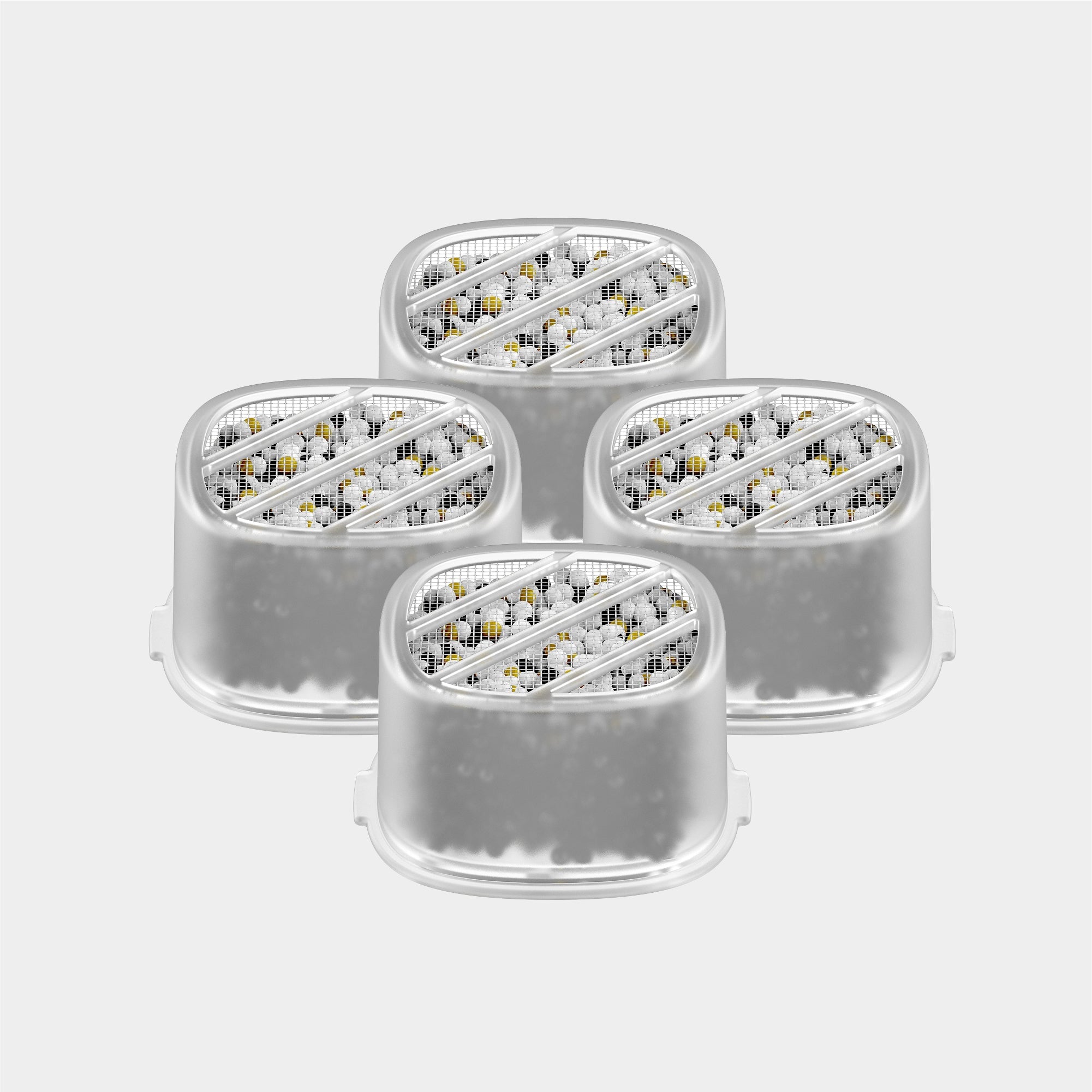 Four clear plastic containers with grid patterns on a light gray background