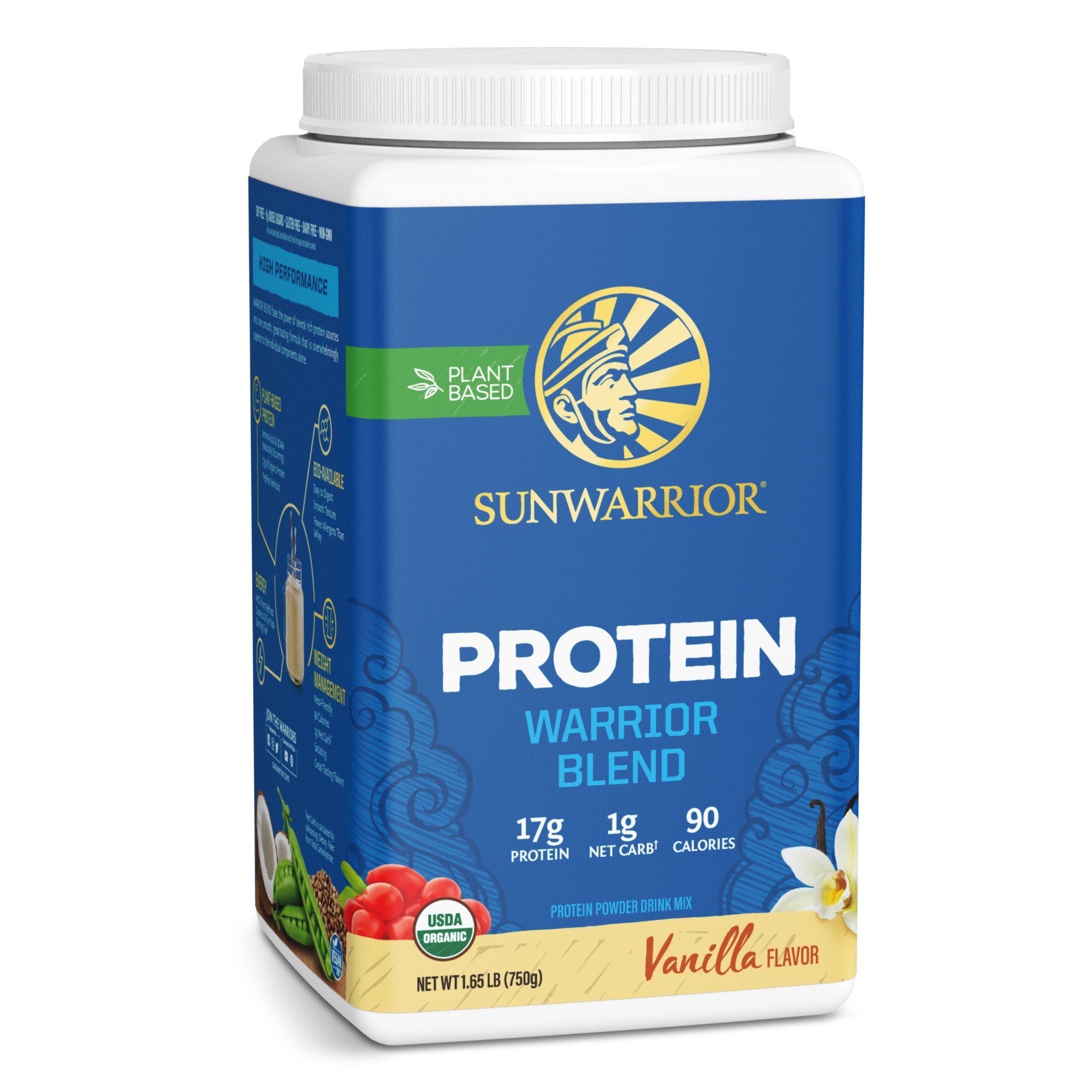 Sunwarrior Warrior Blend protein powder container on a white background