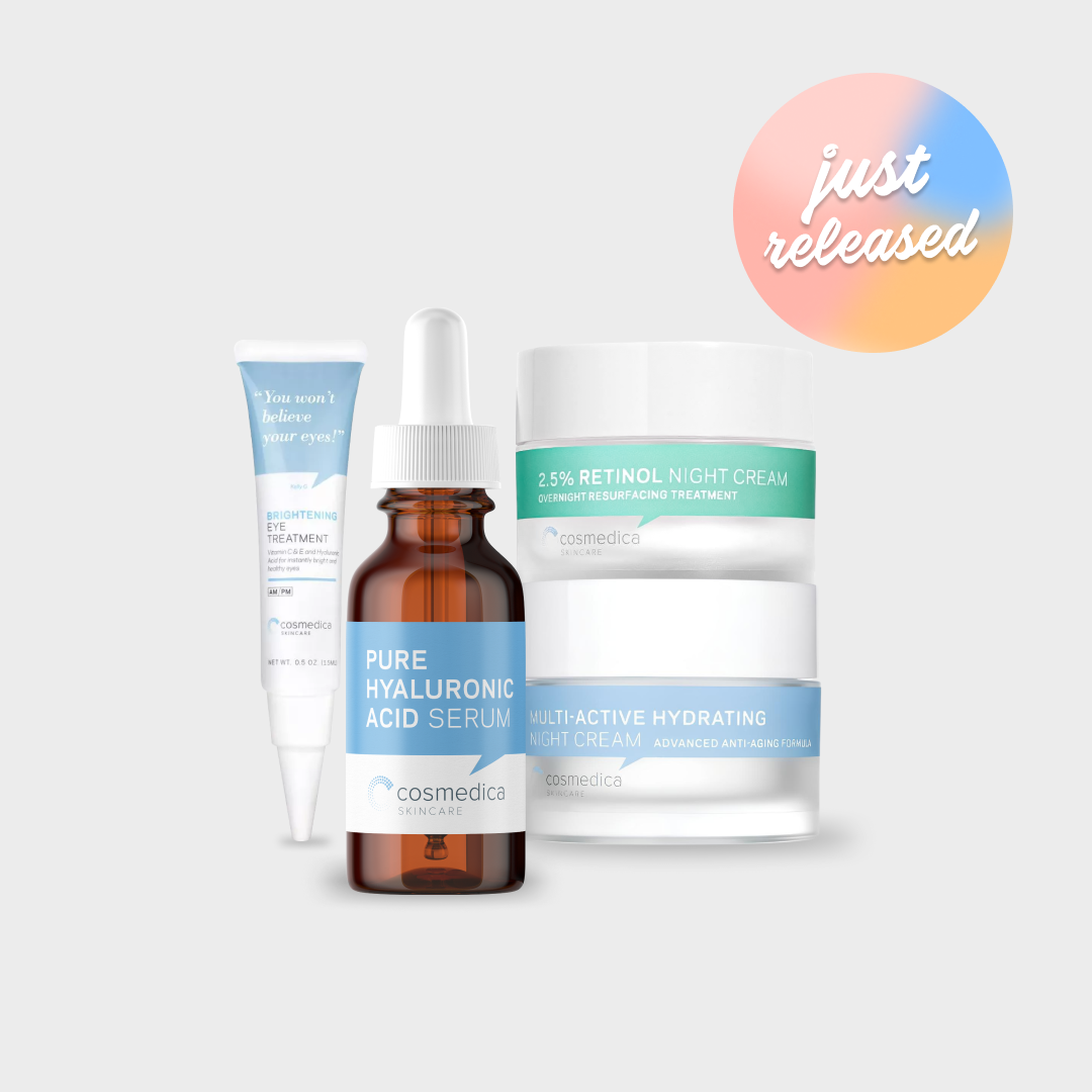 Cosmetic products including a bottle and tubes on a light gray background with 'just released' text.