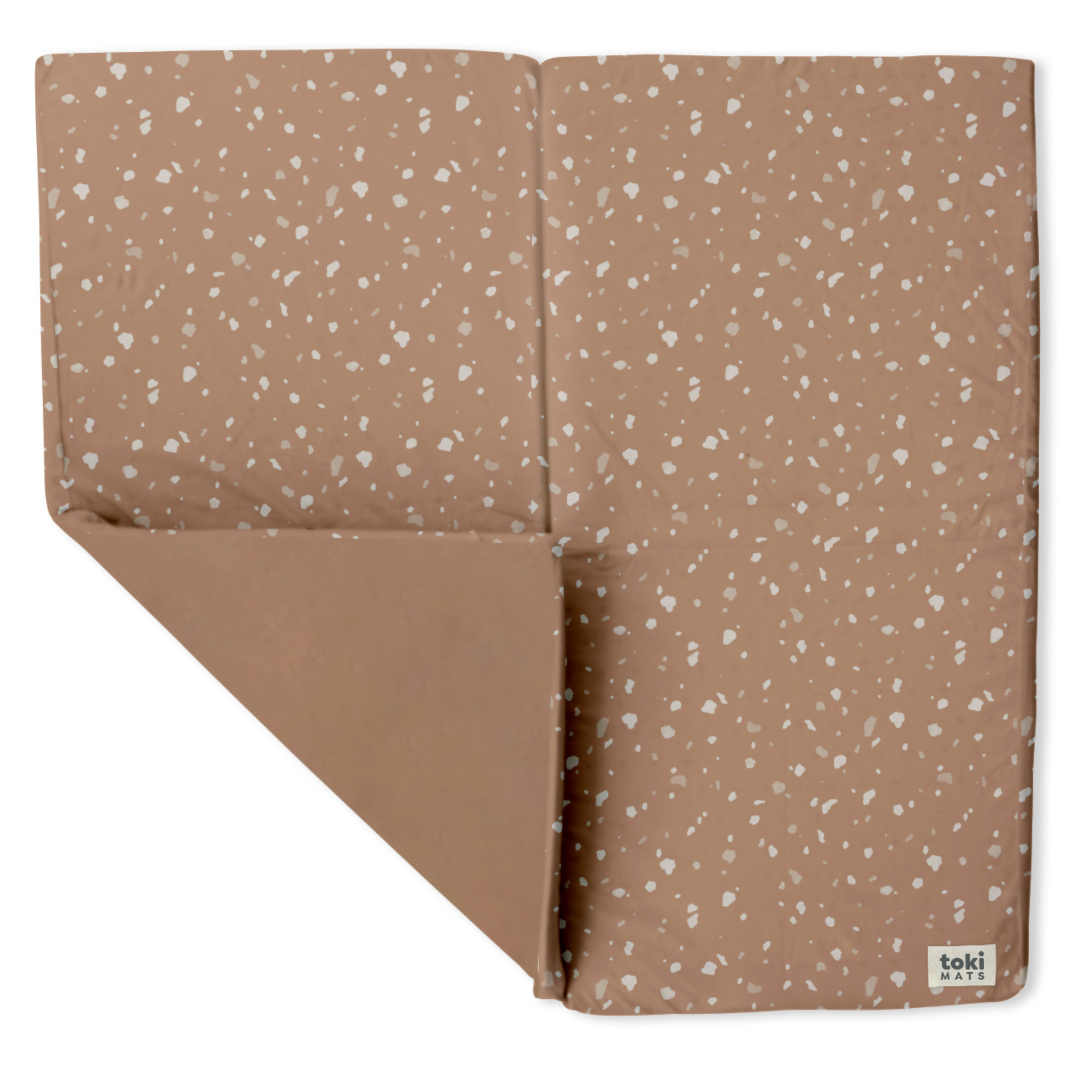 Brown fabric with white speckles and a visible brand label on a white background