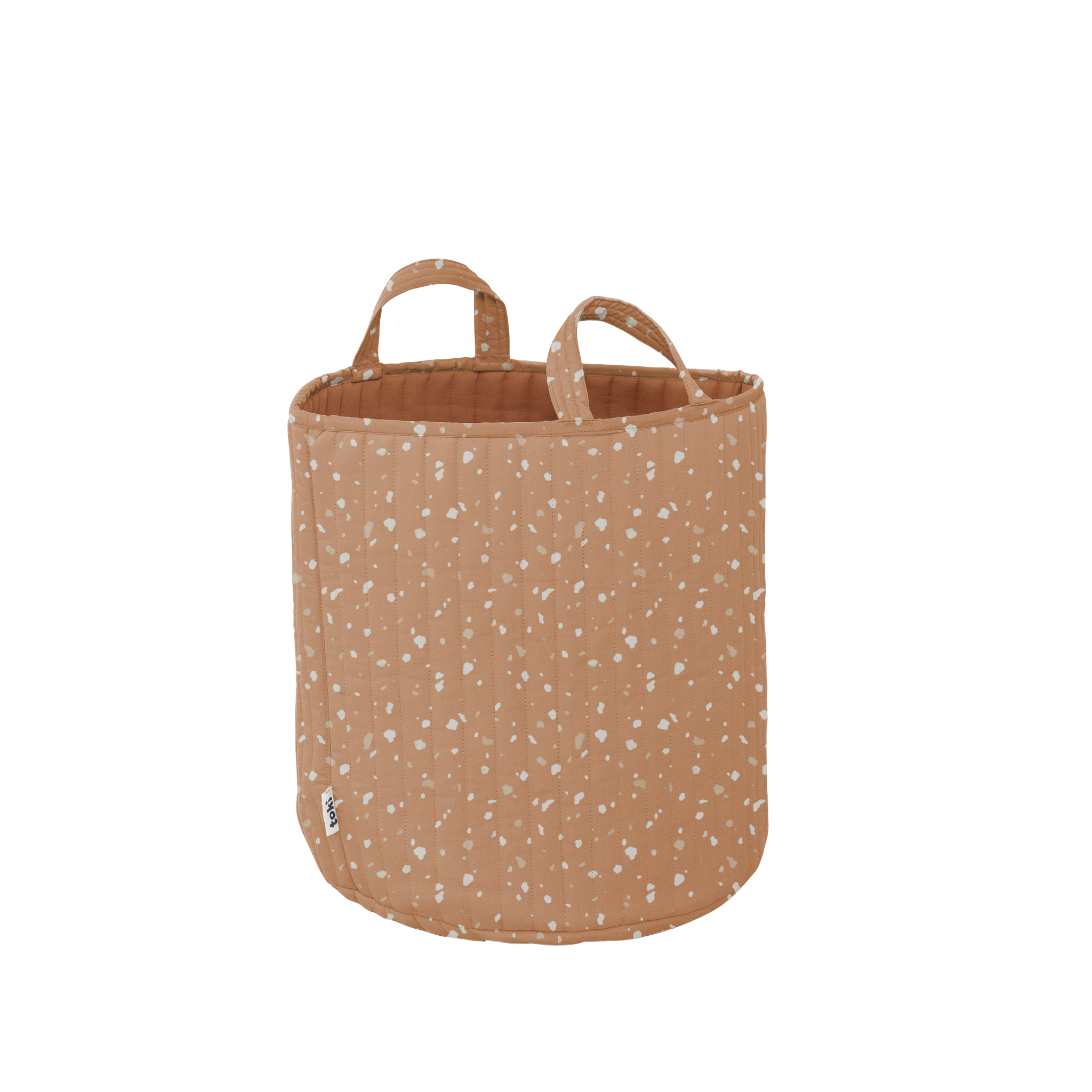 Brown fabric storage basket with white speckles on a white background