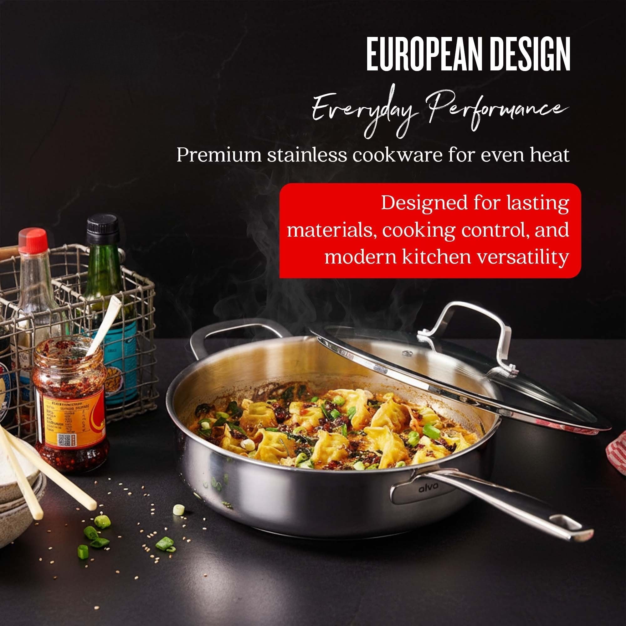 Alva Cookware 5-Ply Stainless Steel Sauté Pan with Lid, 4-Qt
