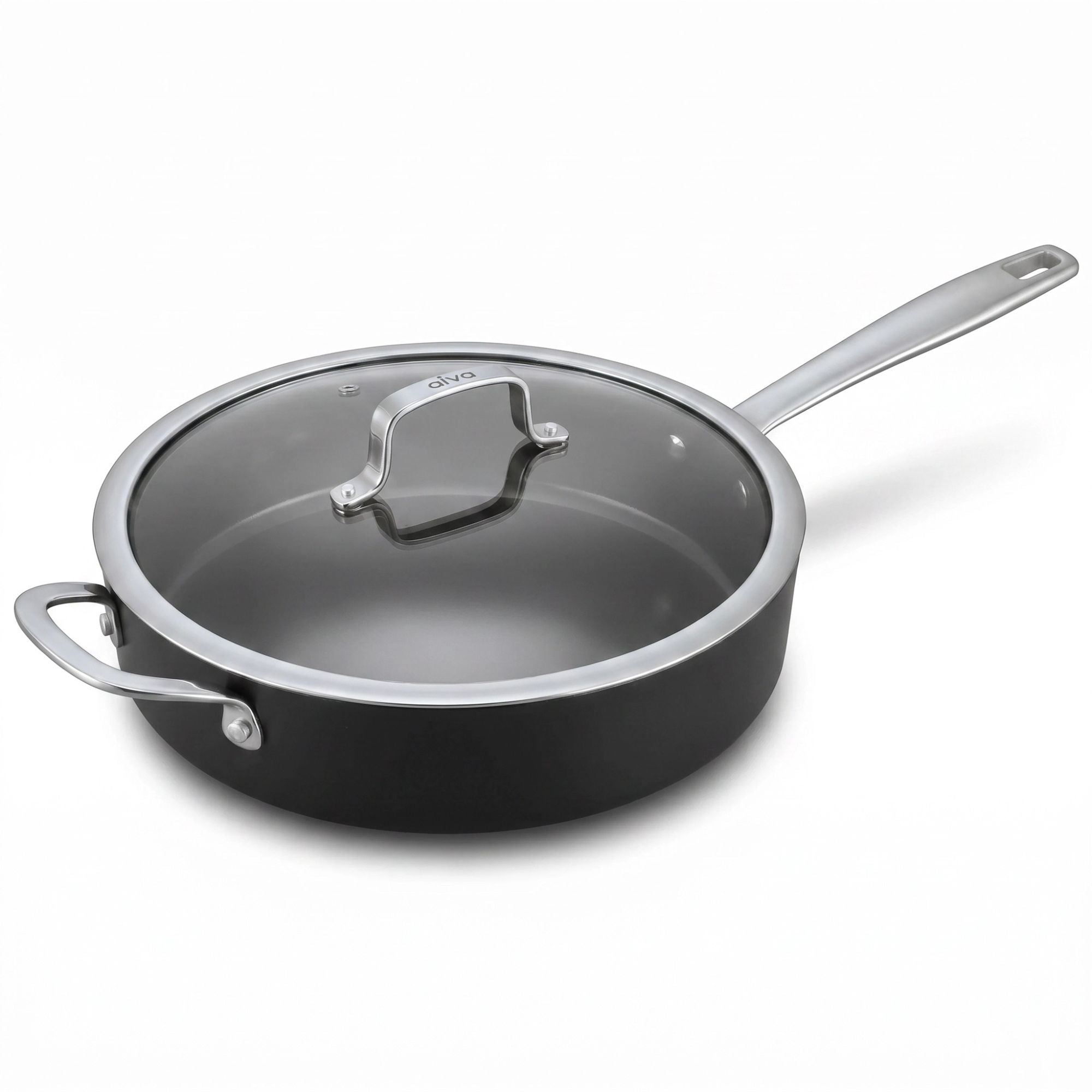 Black cookware set with a lid on a white background