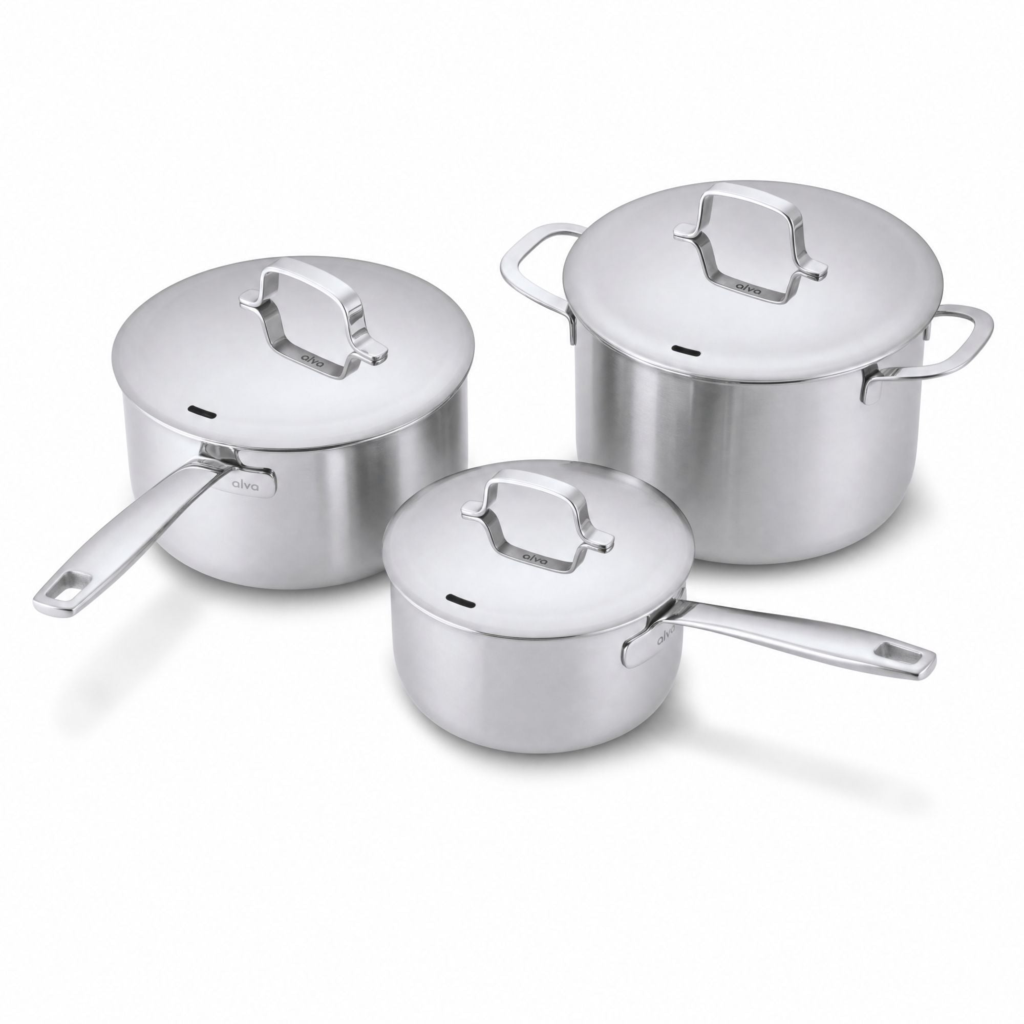 Three-piece stainless steel saucepan set with matching lids, arranged on a clean white background.