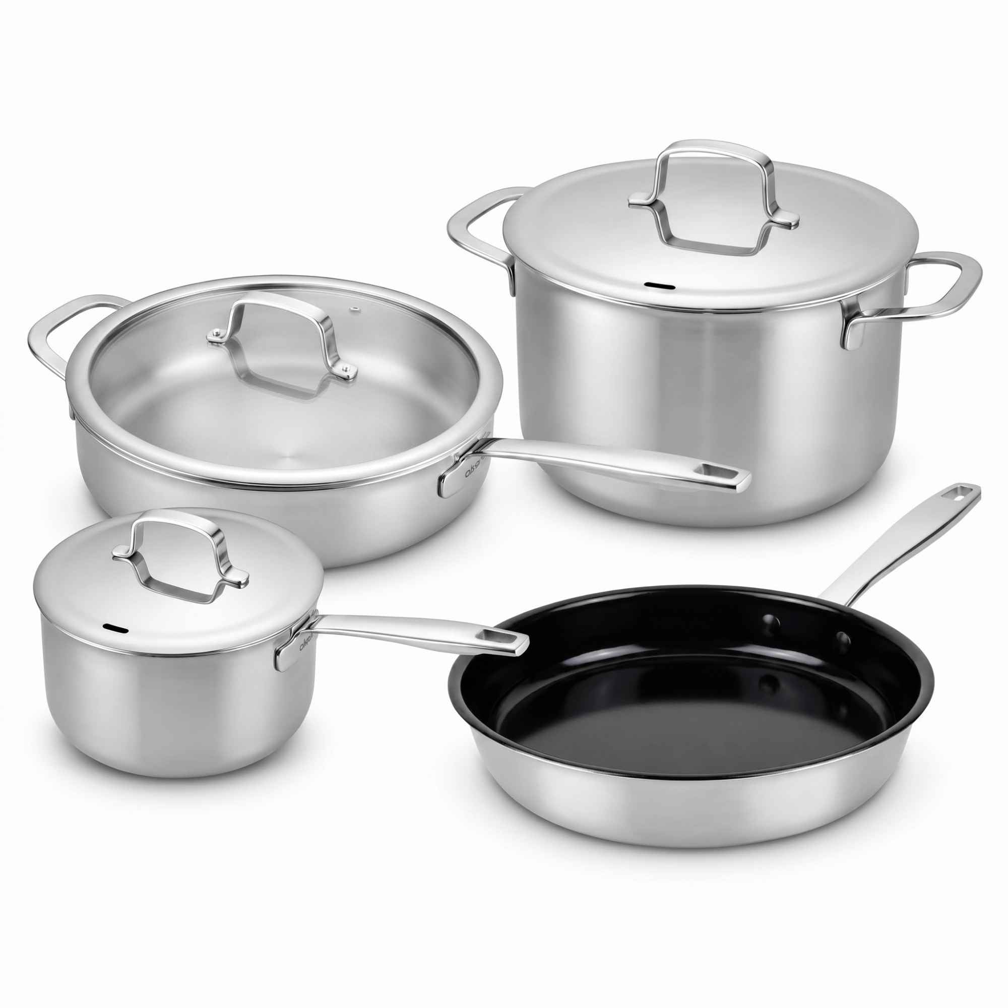 A 4-piece stainless steel cookware set on a white background, including a large pot with lid, a medium pot with lid, a small saucepan with lid, and a nonstick skillet.