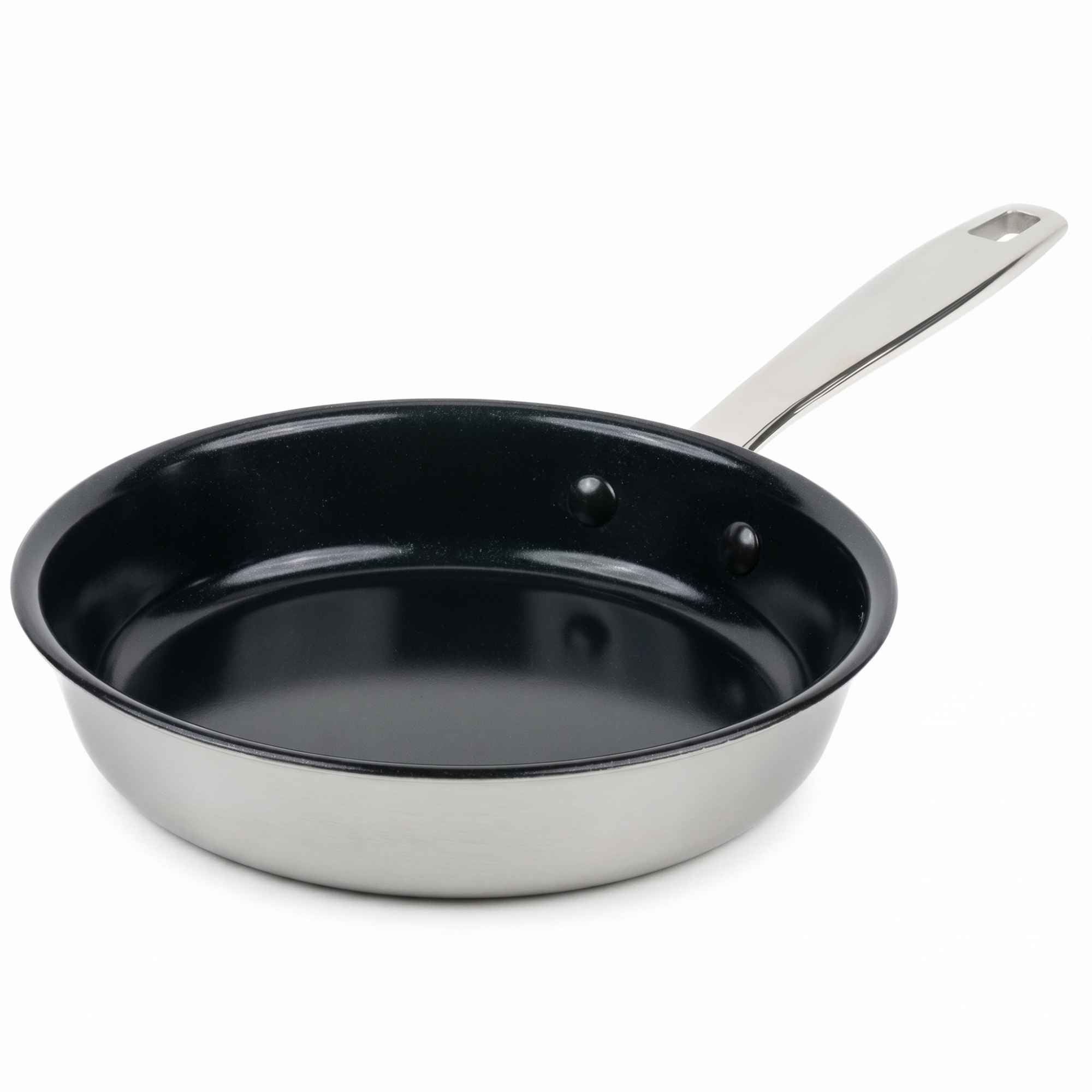 A stainless steel sauté pan with a black non-stick interior, shown from a three-quarter angle on a white background.