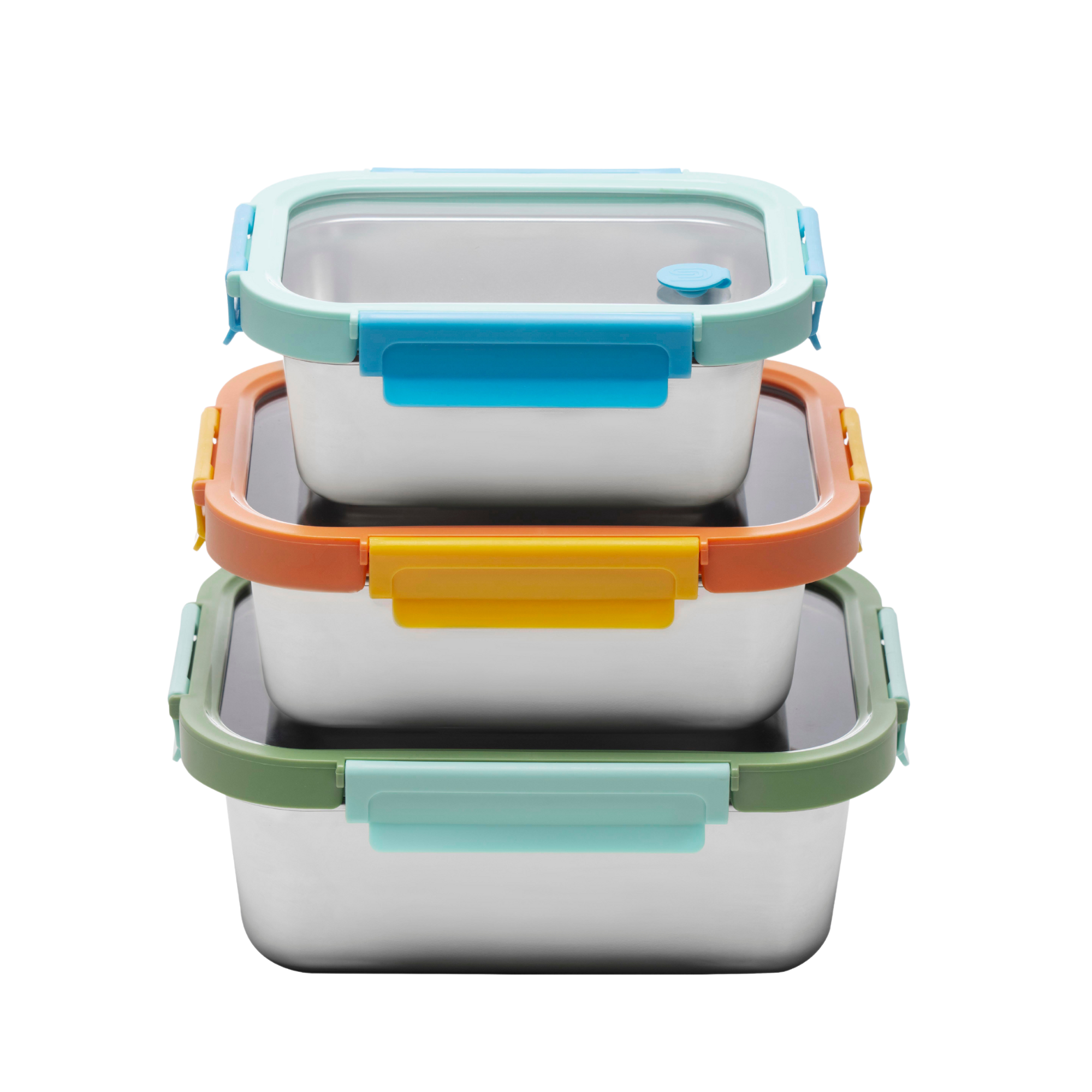 Set of three stacked food storage containers with colorful lids on a white background
