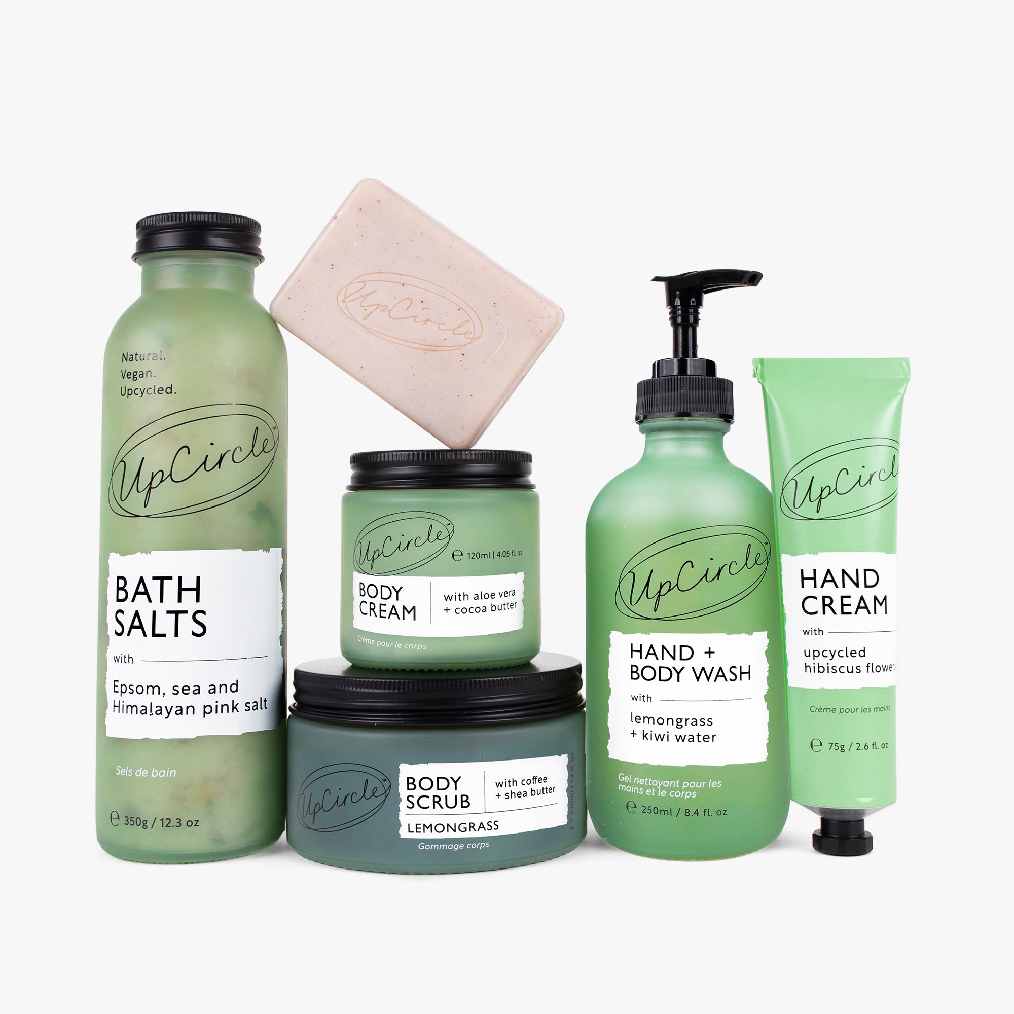Collection of UpCircle skincare and body care products on a white background