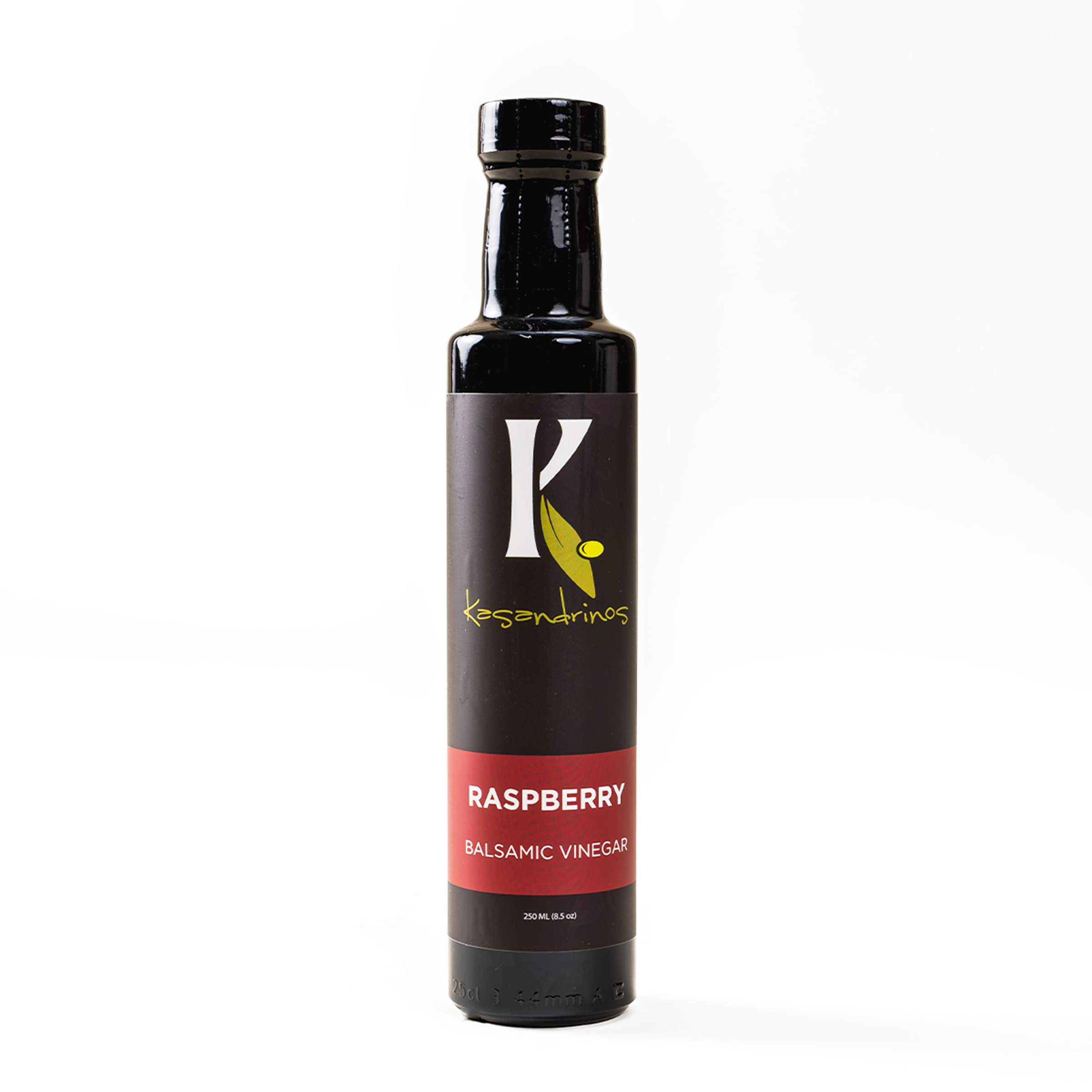 Bottle of Raspberry Balsamic Vinegar with a brand logo on a white background