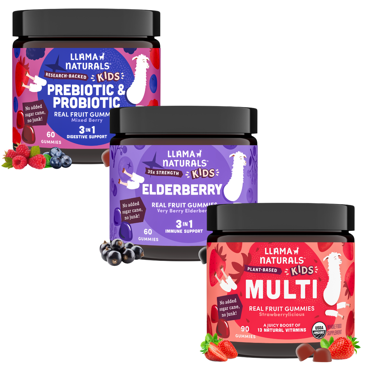 Llama Naturals Kids Complete Wellness Bundle – Multi + Pre & Probiotic + Elderberry Gummies