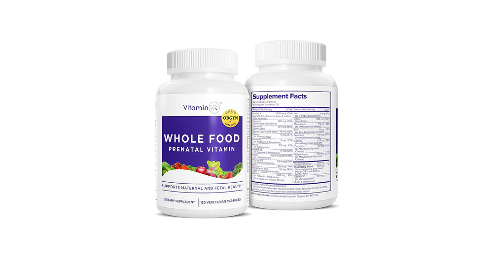 Vitamin IQ Whole Food Prenatal Vitamin supplement bottle on a white background