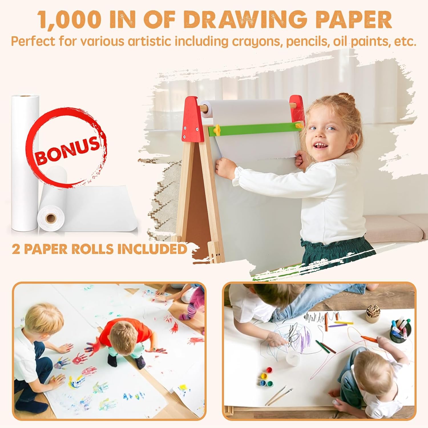 Child using a drawing board with paper rolls and art supplies, promoting drawing paper and a bonus offer.
