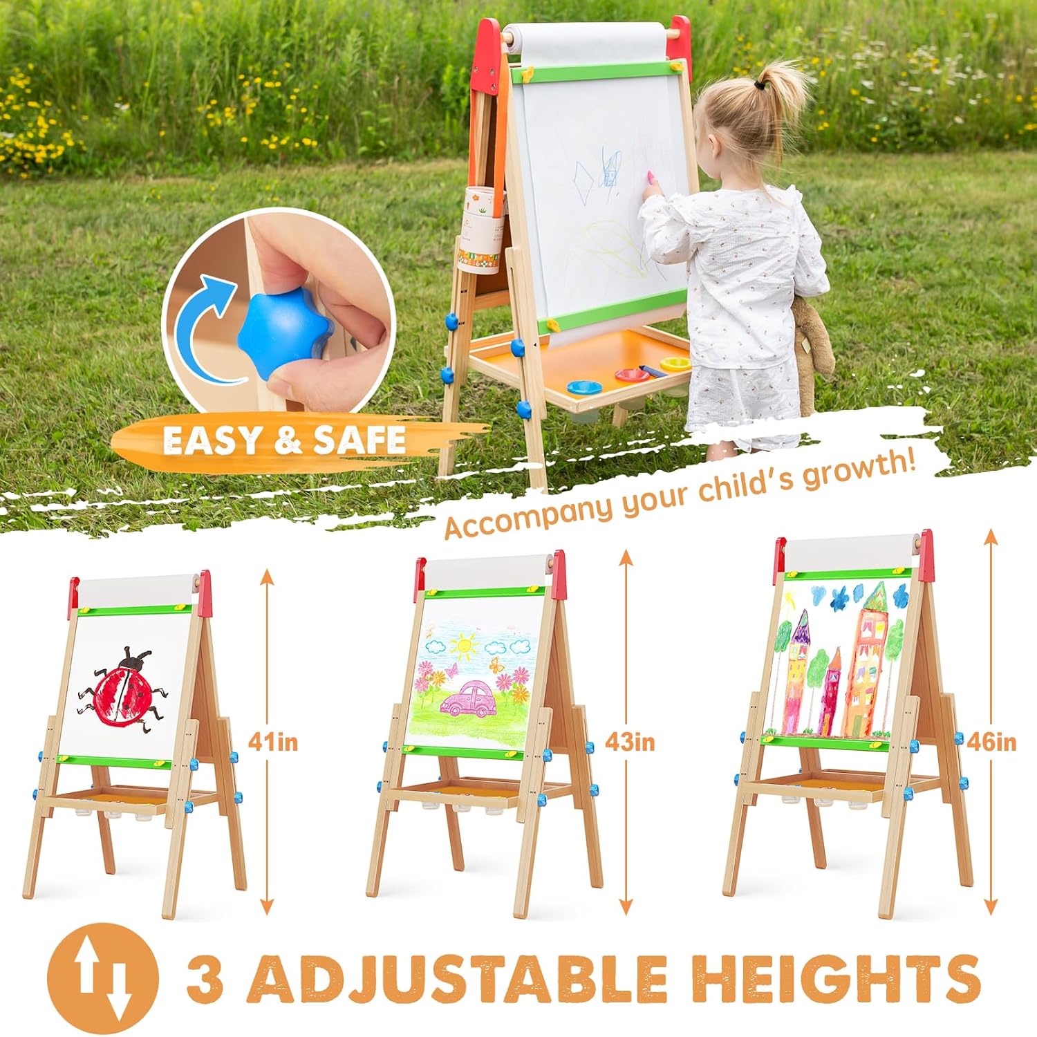 Child drawing on a portable art easel with adjustable heights outdoors.