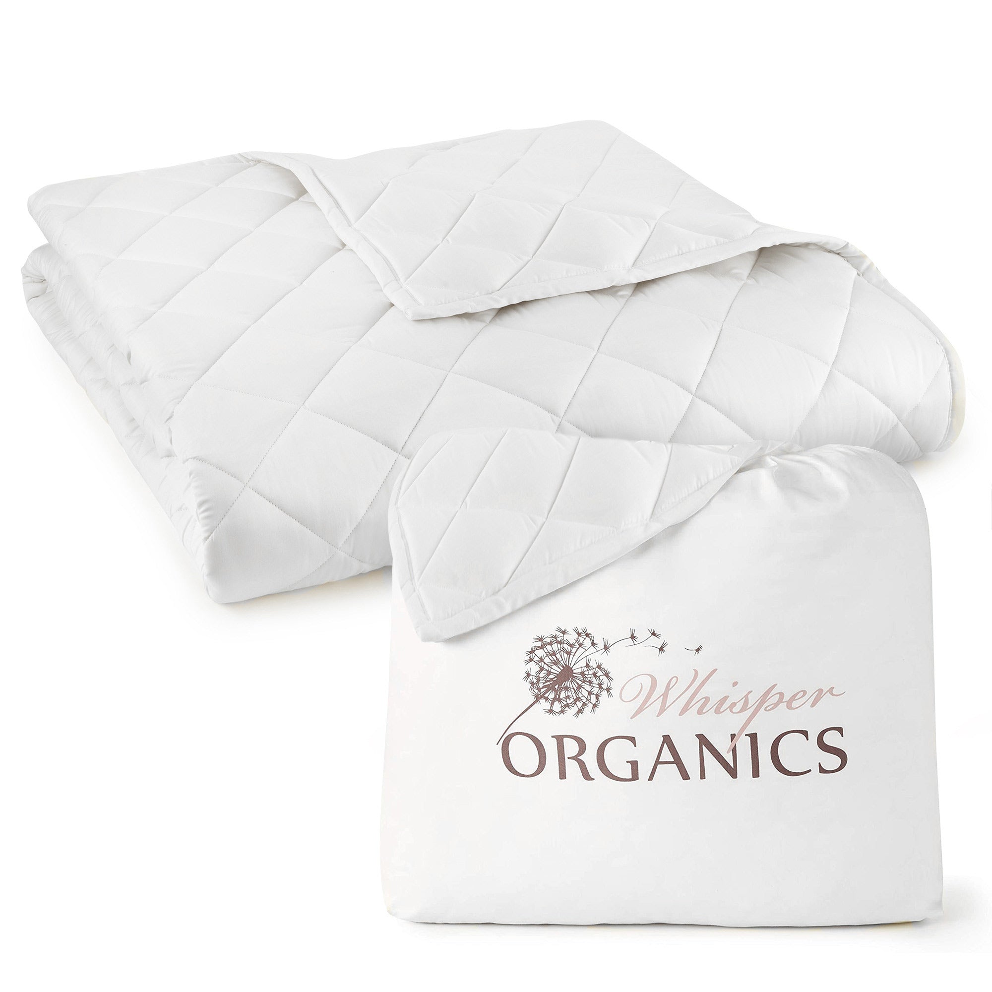 White quilted comforter with 'Whisper Organics' branding on a white background