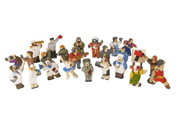 Set of small figurines in various poses on a white background