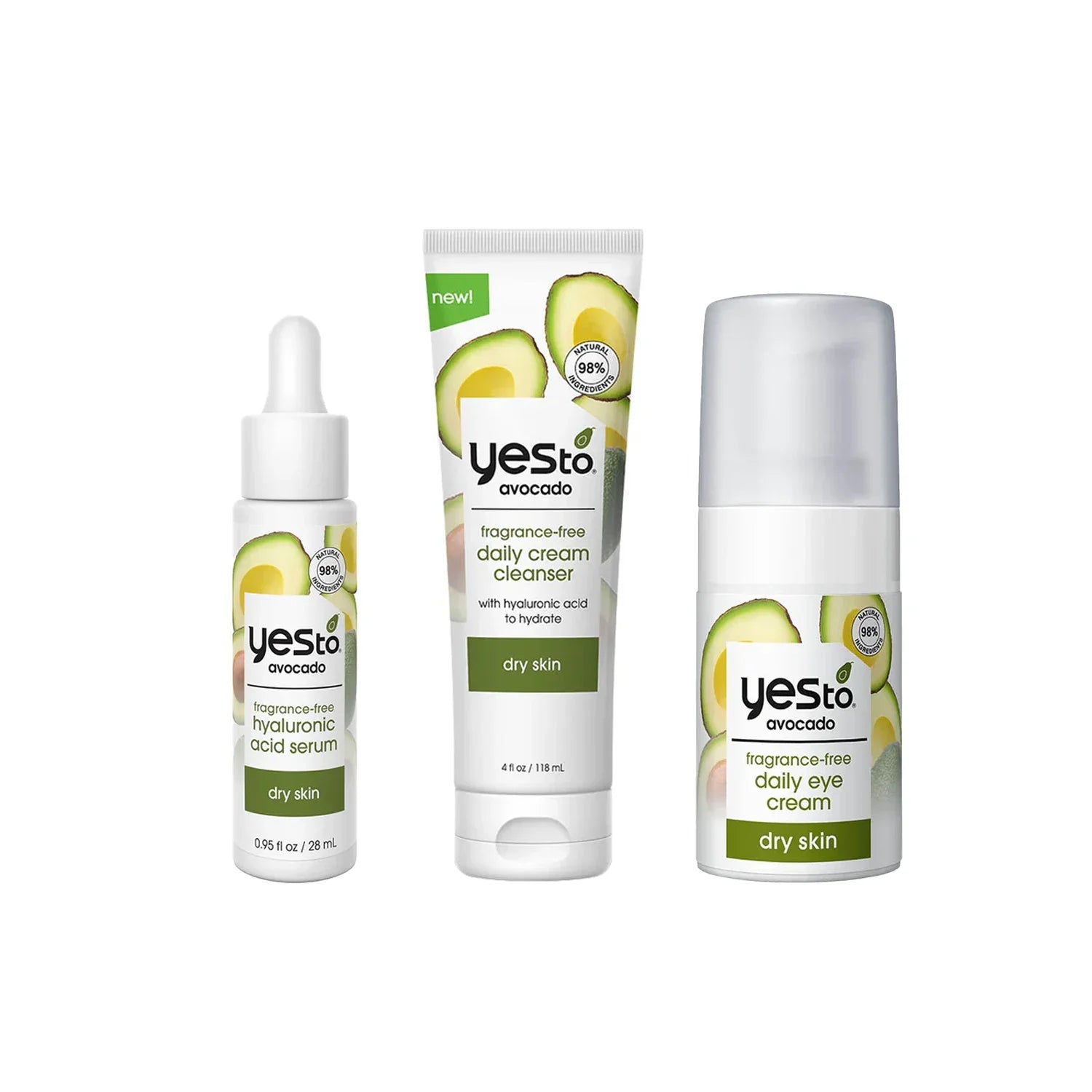 Set of YesTo avocado skincare products on a white background