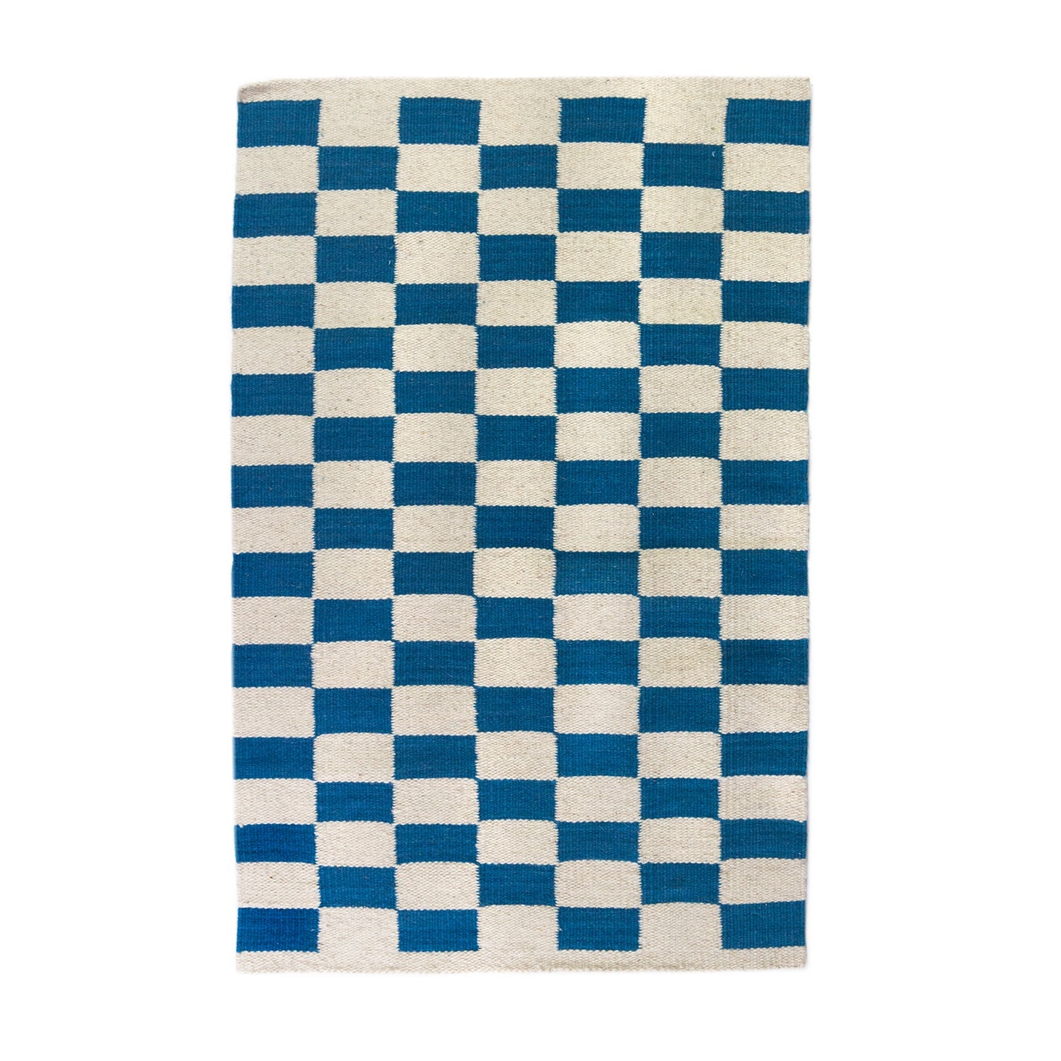 Checkered rug with blue and white squares on a white background