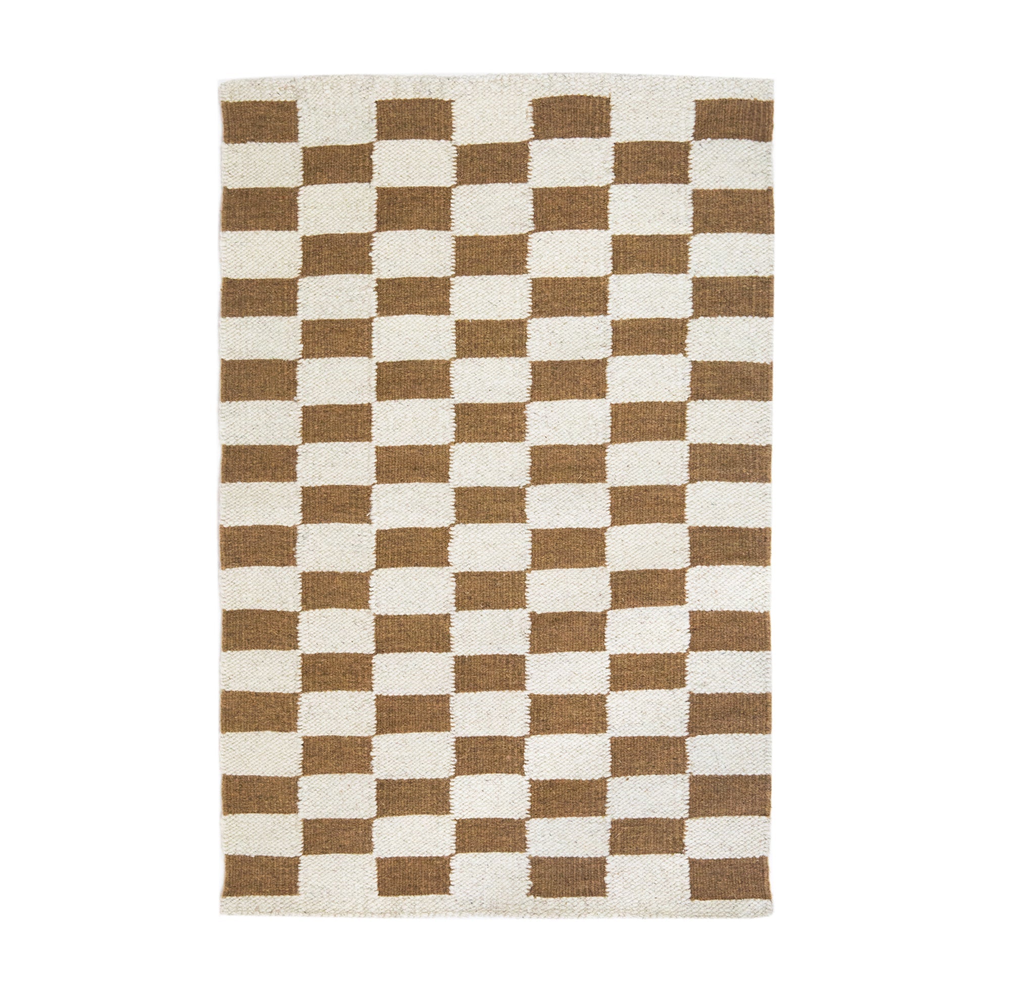 Checkered rug with brown and white squares on a white background