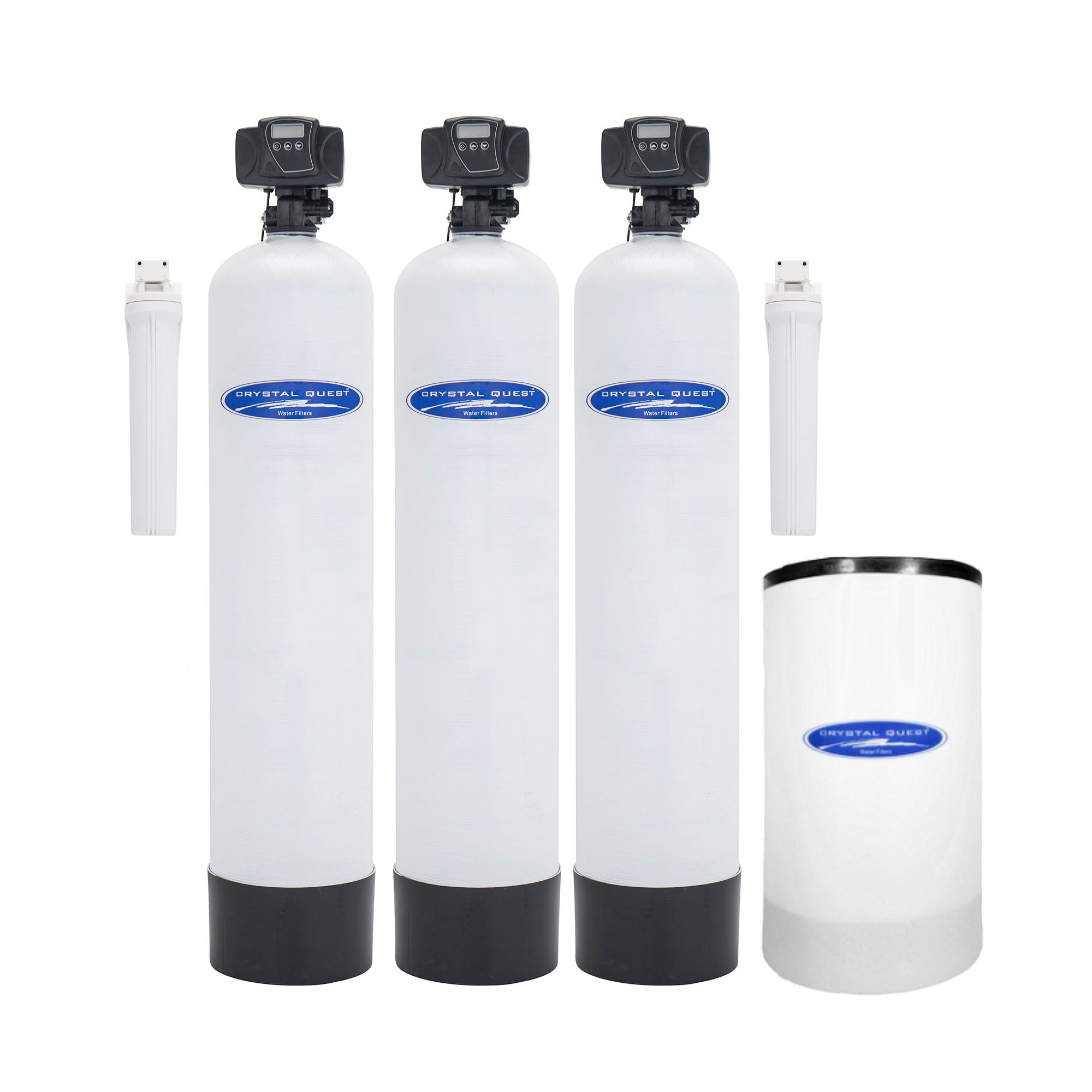 Set of white water filtration systems with black bases on a white background