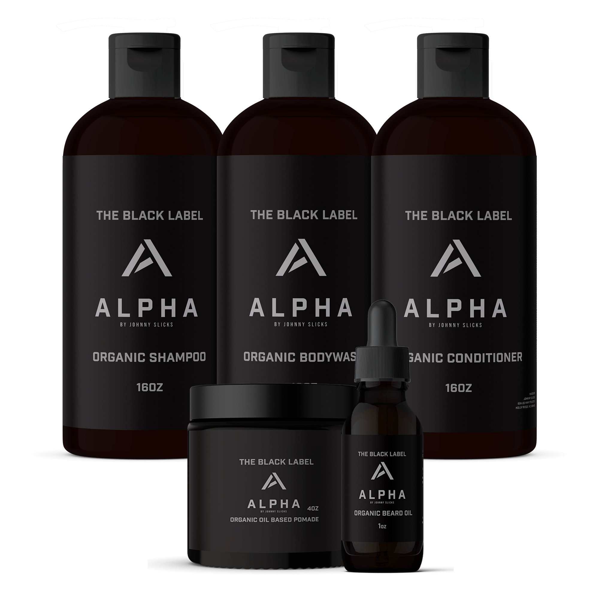 Alpha by Johnny Slicke skincare and grooming products on a black background