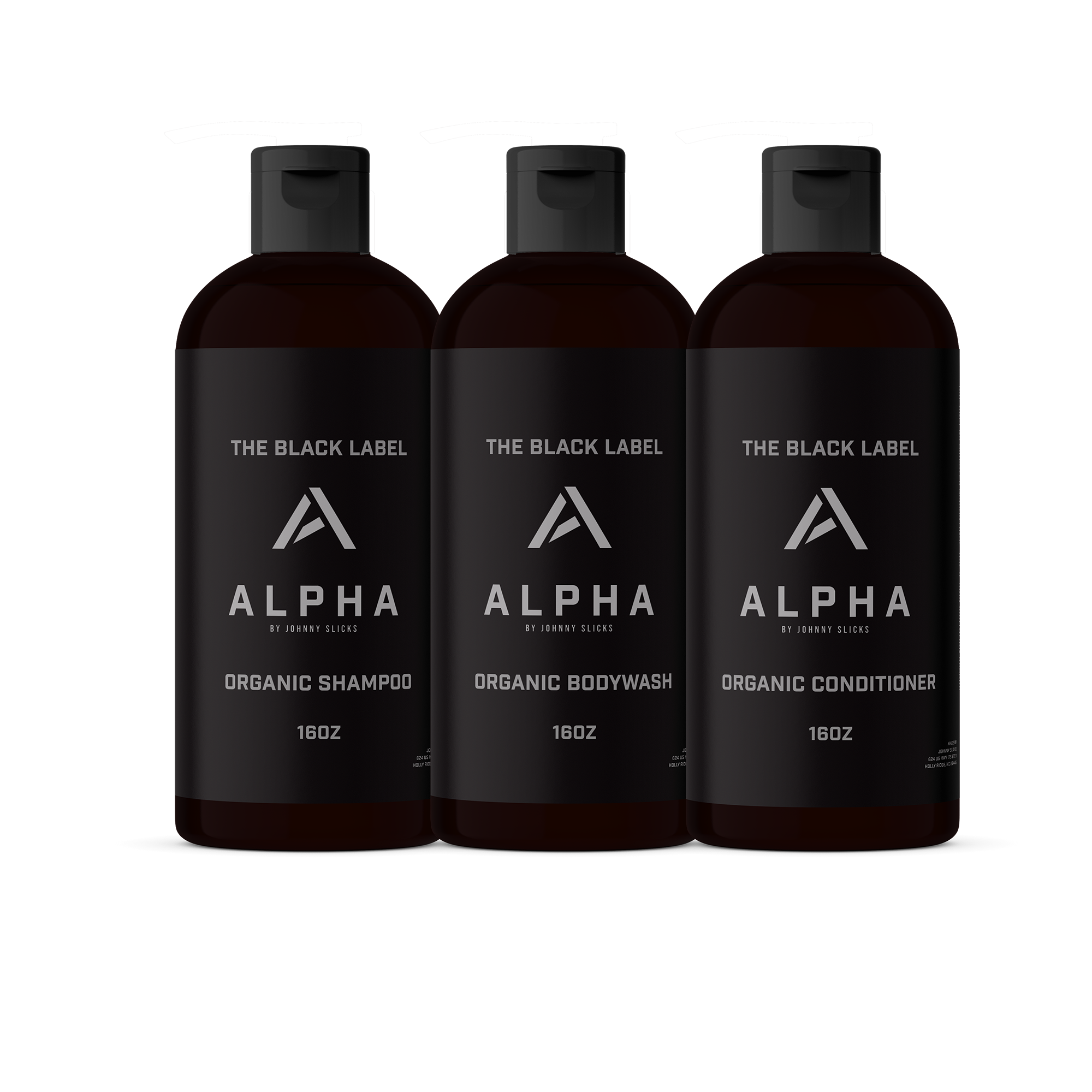 Three Alpha Black Label bottles for organic shampoo, bodywash, and conditioner on a white background.