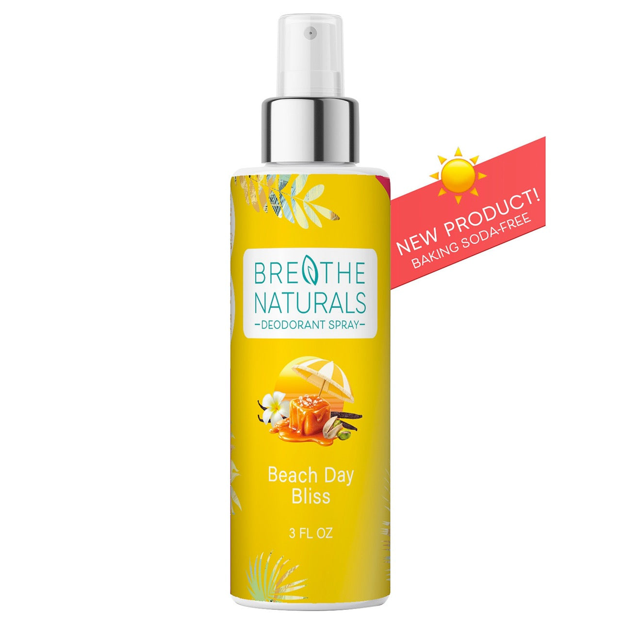 Deodorant spray bottle with yellow label featuring 'Breathe Naturals' on a white background.