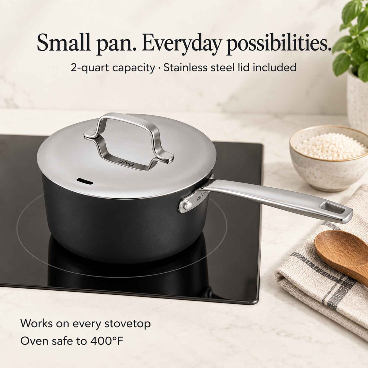 Alva Cookware Ceramic Nonstick Saucepan with Lid, 2-Qt
