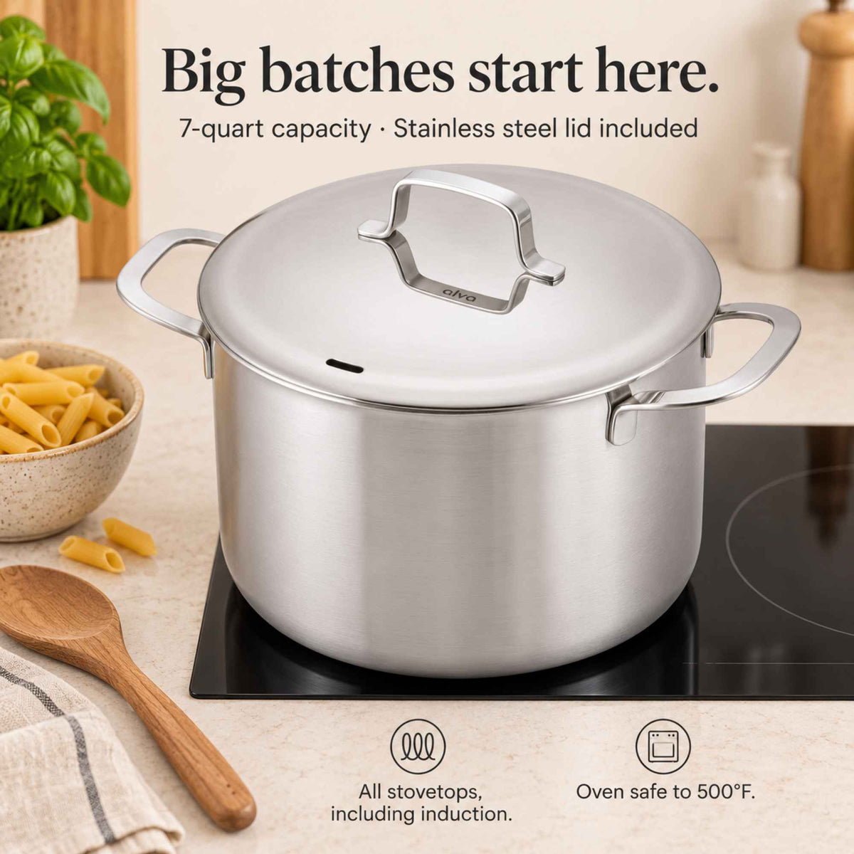 Alva Cookware 5-Ply Stainless Stock Pot with Lid, 7-Qt