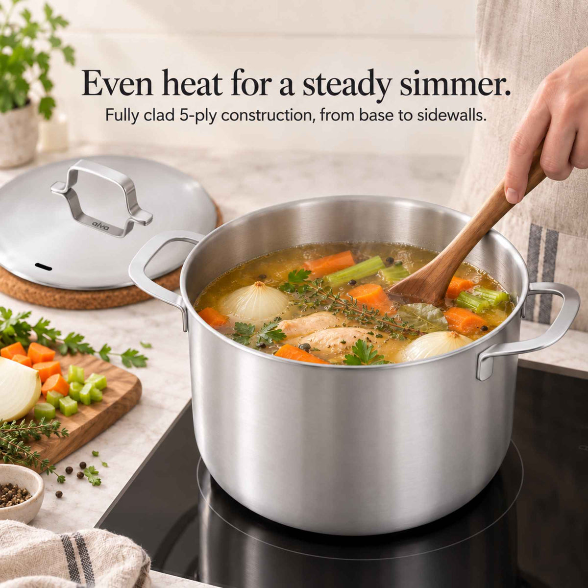 Alva Cookware 5-Ply Stainless Stock Pot with Lid, 7-Qt