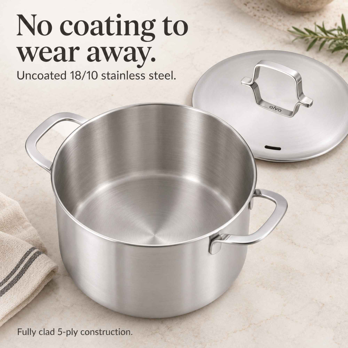 Alva Cookware 5-Ply Stainless Stock Pot with Lid, 7-Qt